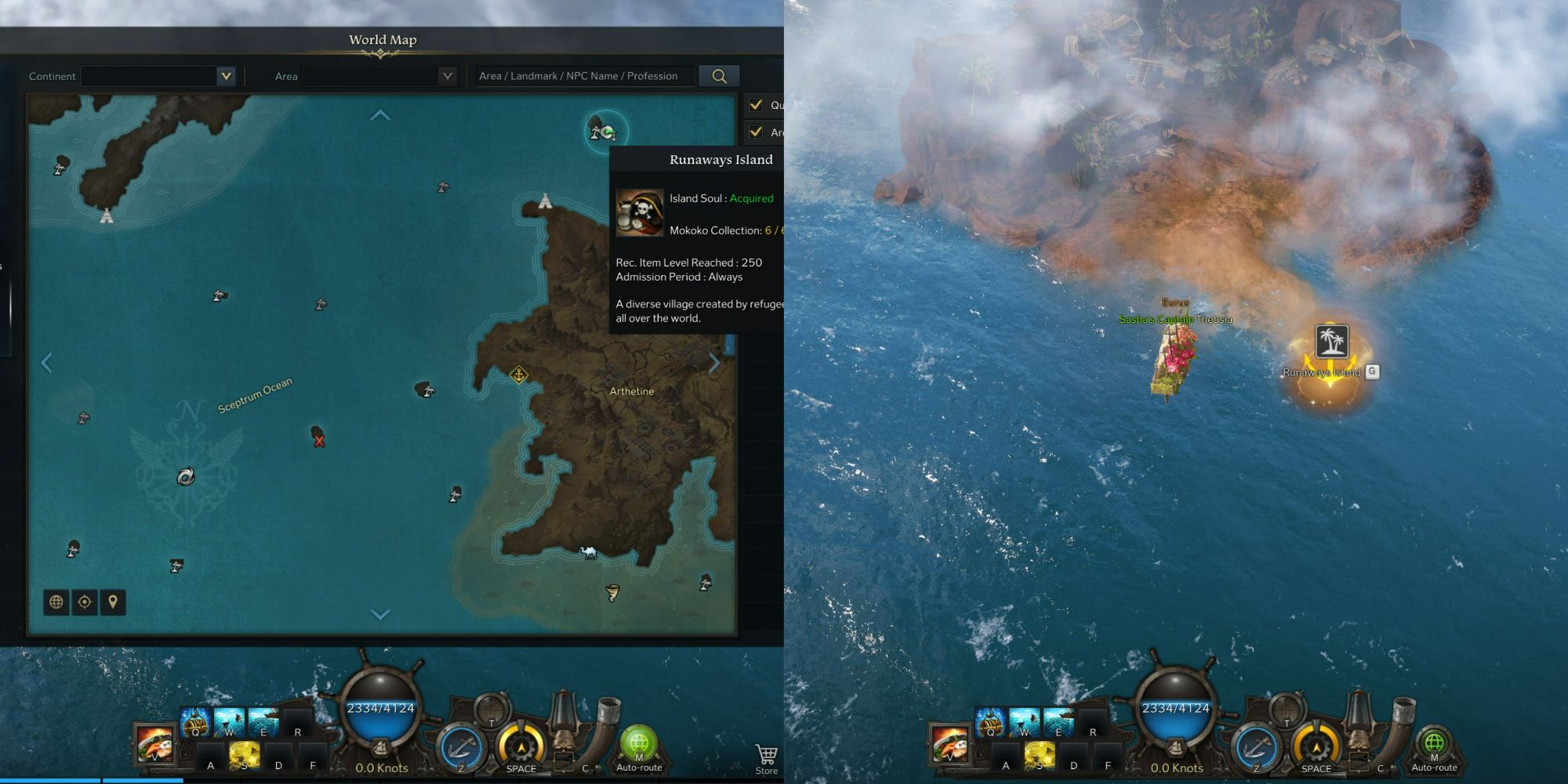 Lost Ark split image of Runaways Island location on open seas and map location