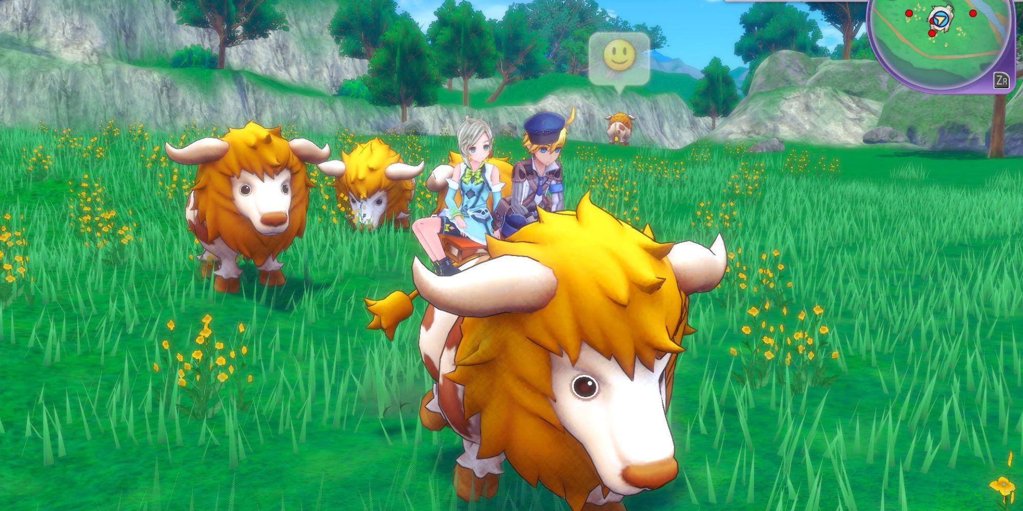 The protagonist rides a Buffamoo through a grassy field