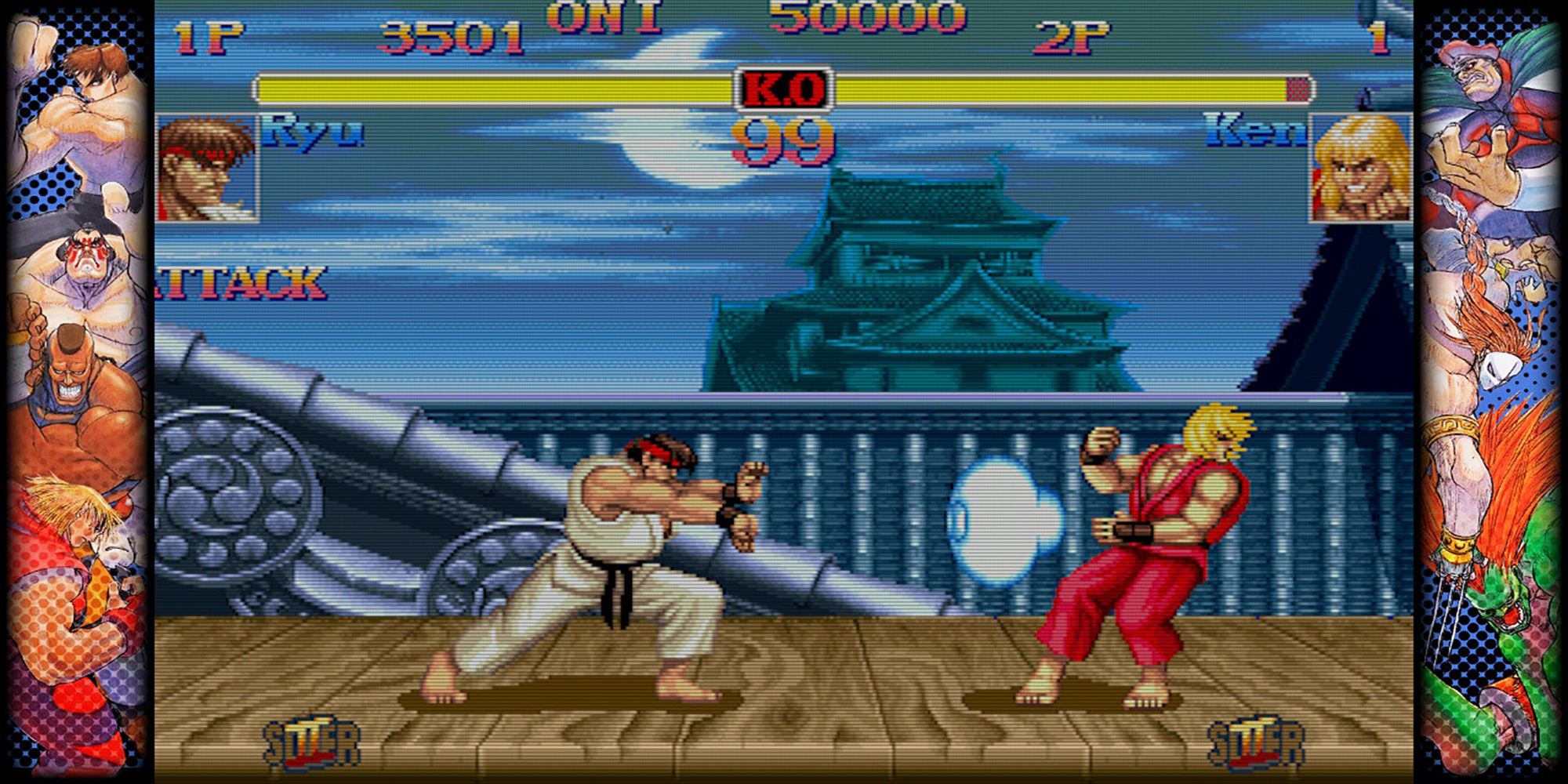 Ryu sends a Hadoken flying toward Ken during a battle at Suzaku Castle in Hyper Street Fighter 2, a game in Capcom Fighting Collection.
