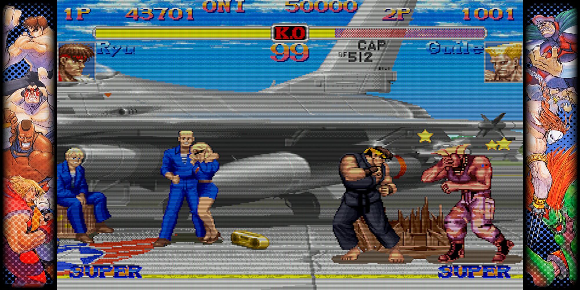 Ryu Stuns Guile during a battle at an air force base in Hyper Street Fighter 2, a game in Capcom Fighting Collection.