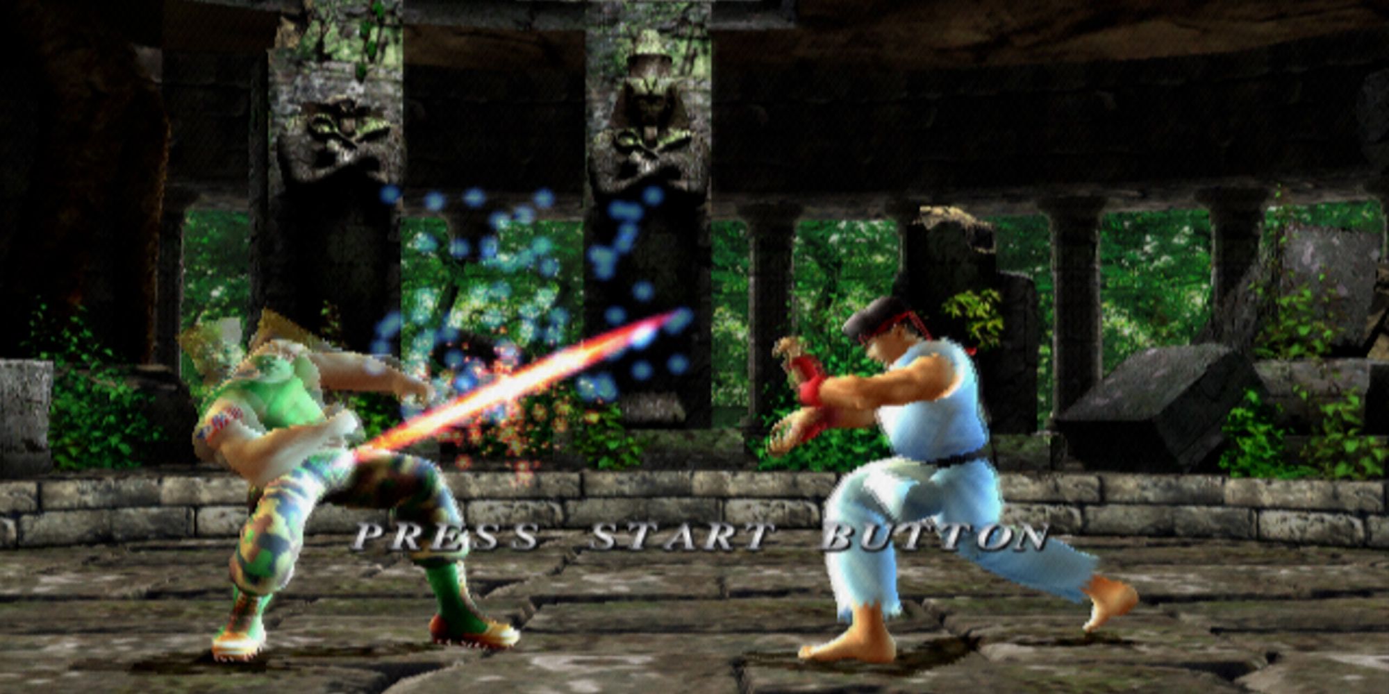 Ryu hurls a Hadoken at Guile during a battle inside stone ruins in Street Fighter EX3.