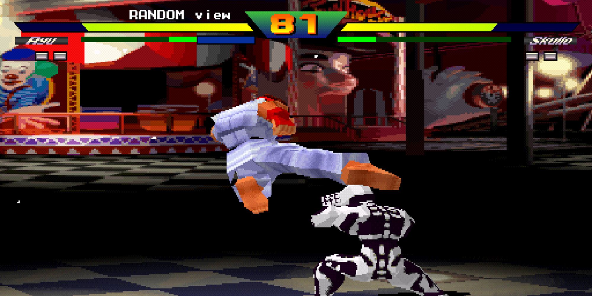 Ryu kicks Skullomania during a battle inside a fun house in Street Fighter EX Plus Alpha.