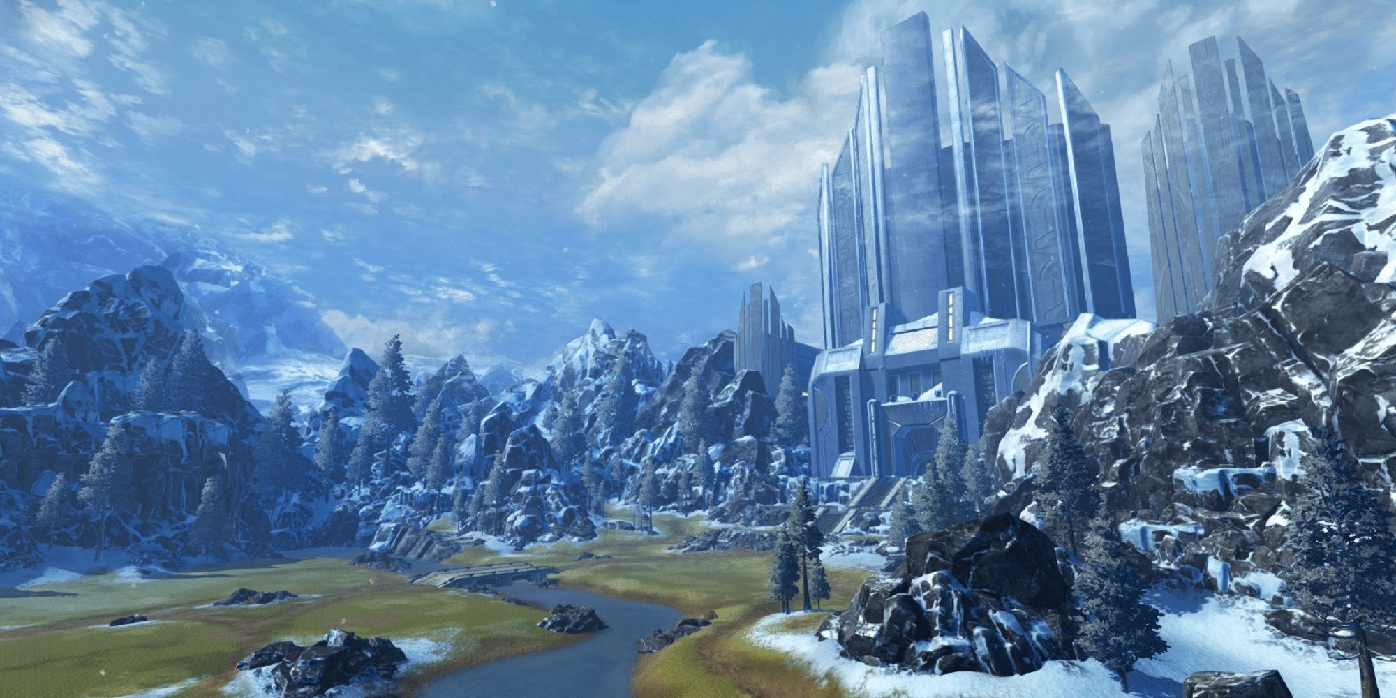SWTOR's Alderaan Noble Estate, a large castle set in snow-covered mountains with a river in front