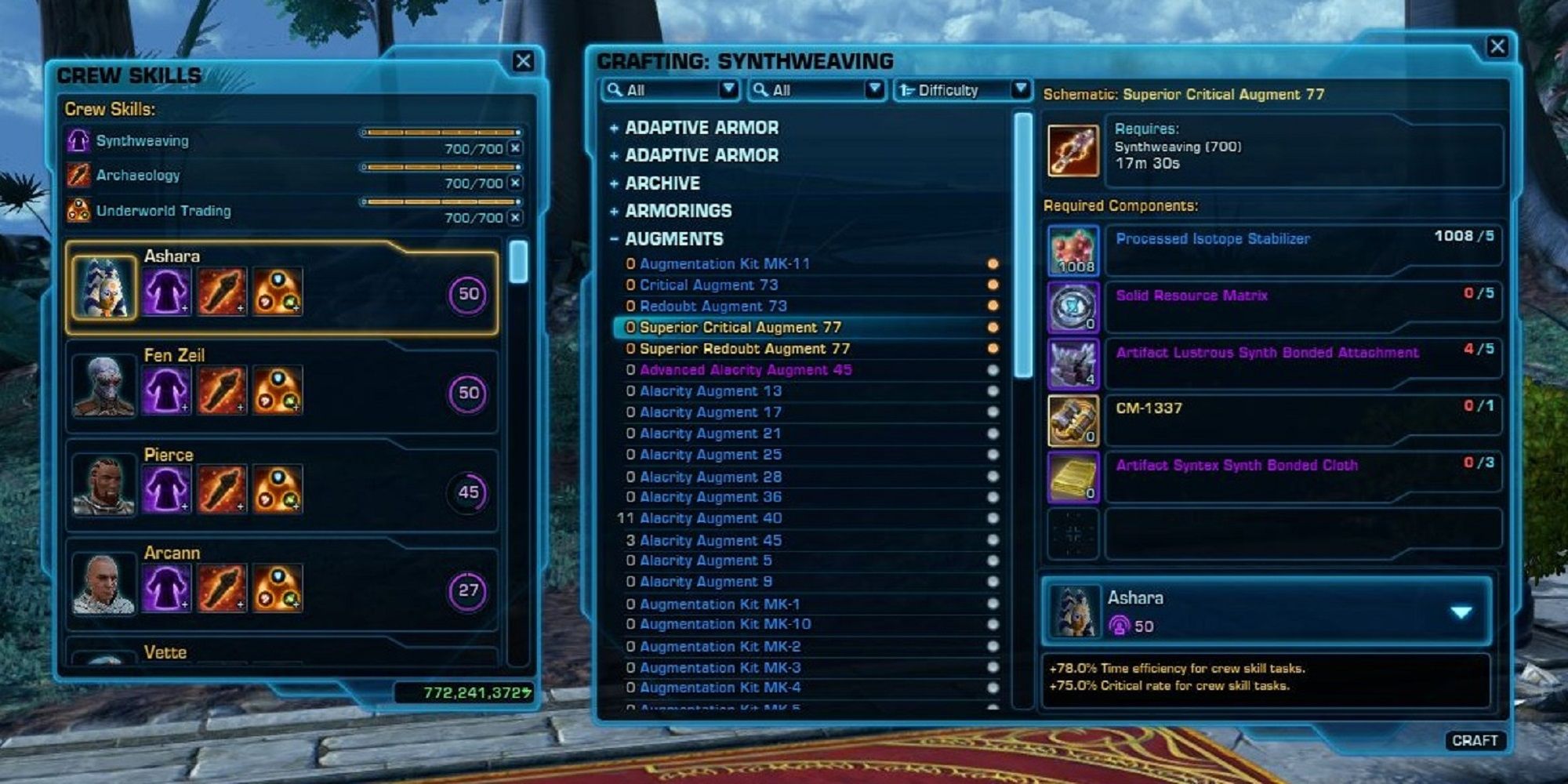 The crafting UI in SWTOR