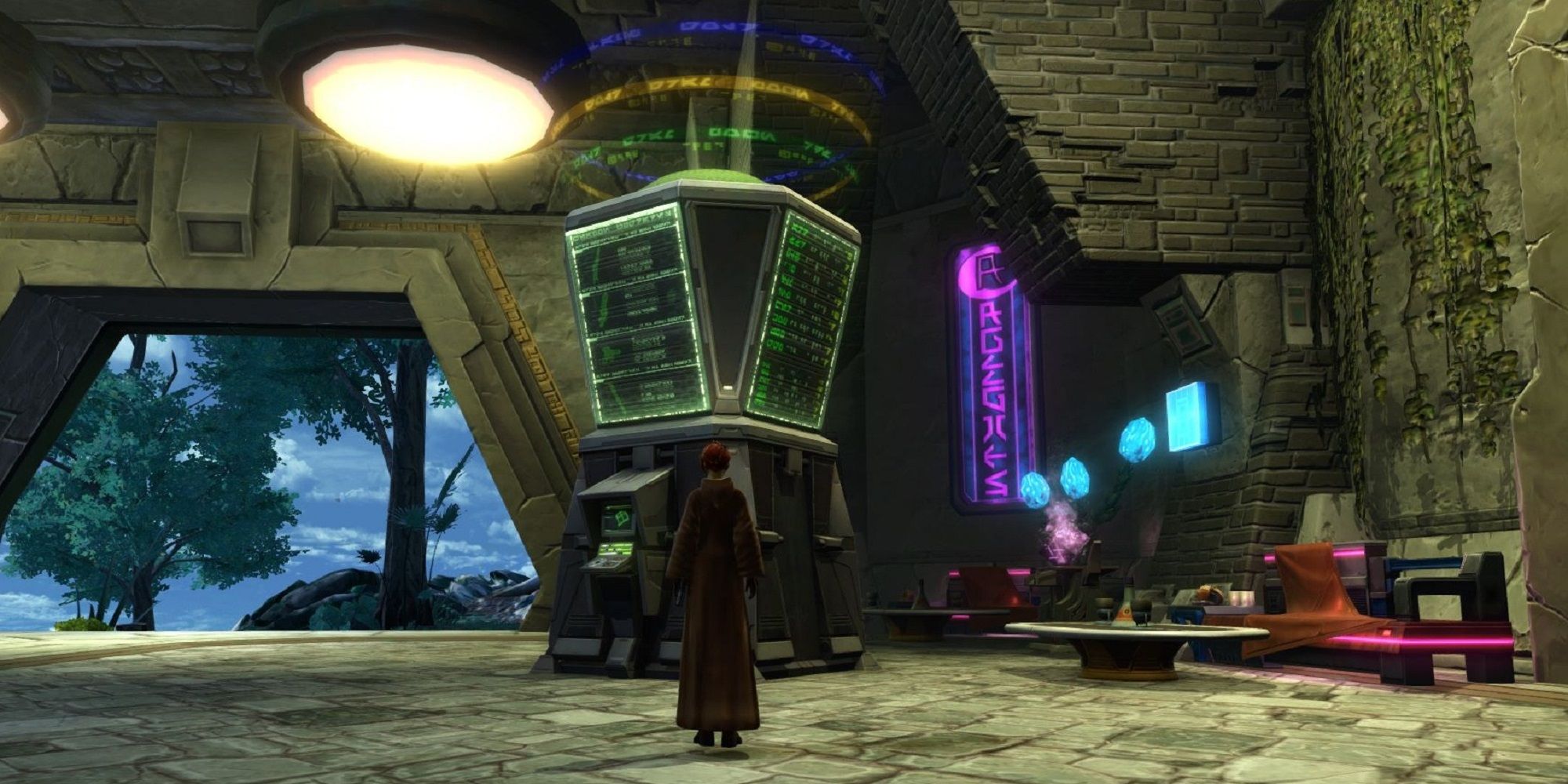 A SWTOR character in front of the GTN kiosk