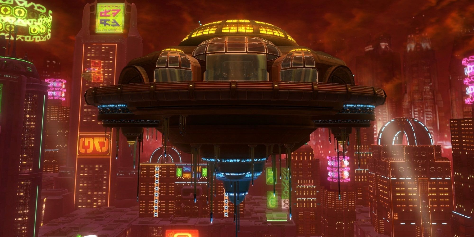 SWTOR's Nar Shaddaa Sky Palace, with a brightly-lit cityscape behind it