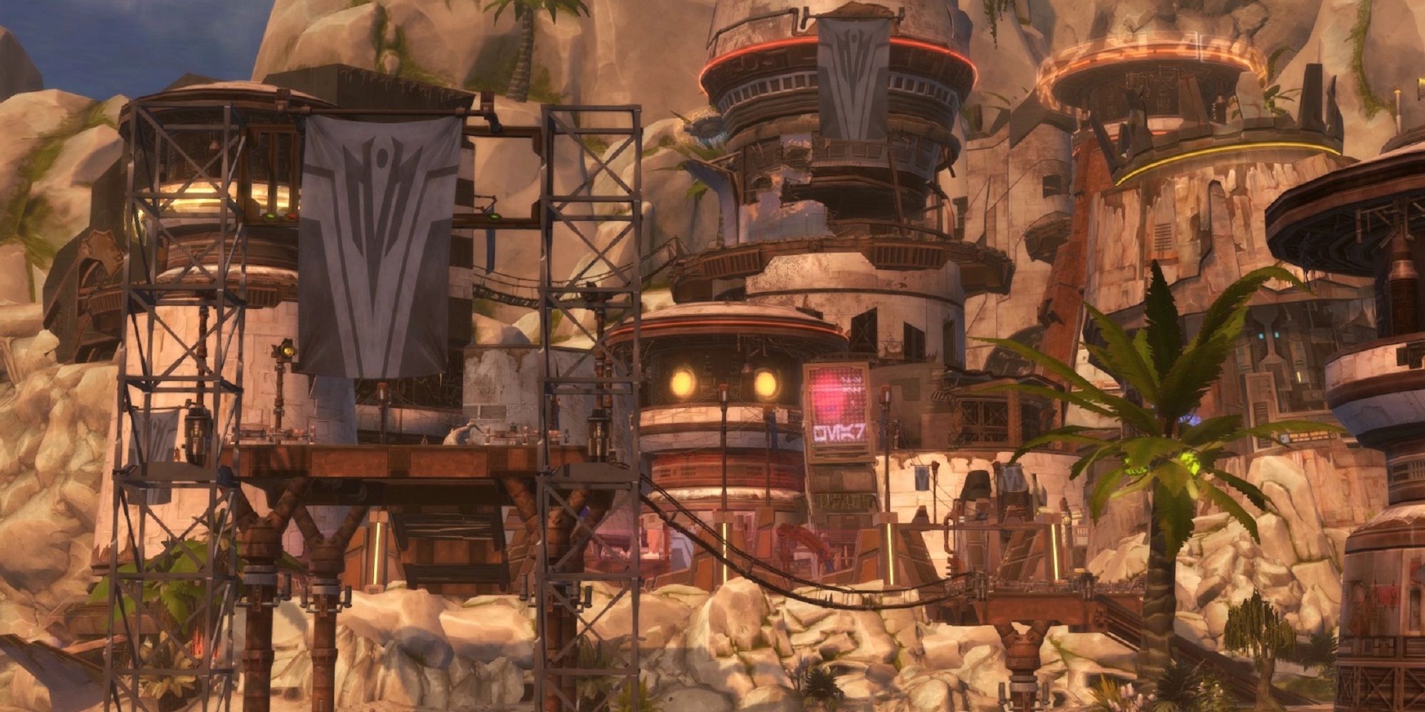 SWTOR's Rishi Hideout, made up of pirate-themed buildings, bridges, and flags