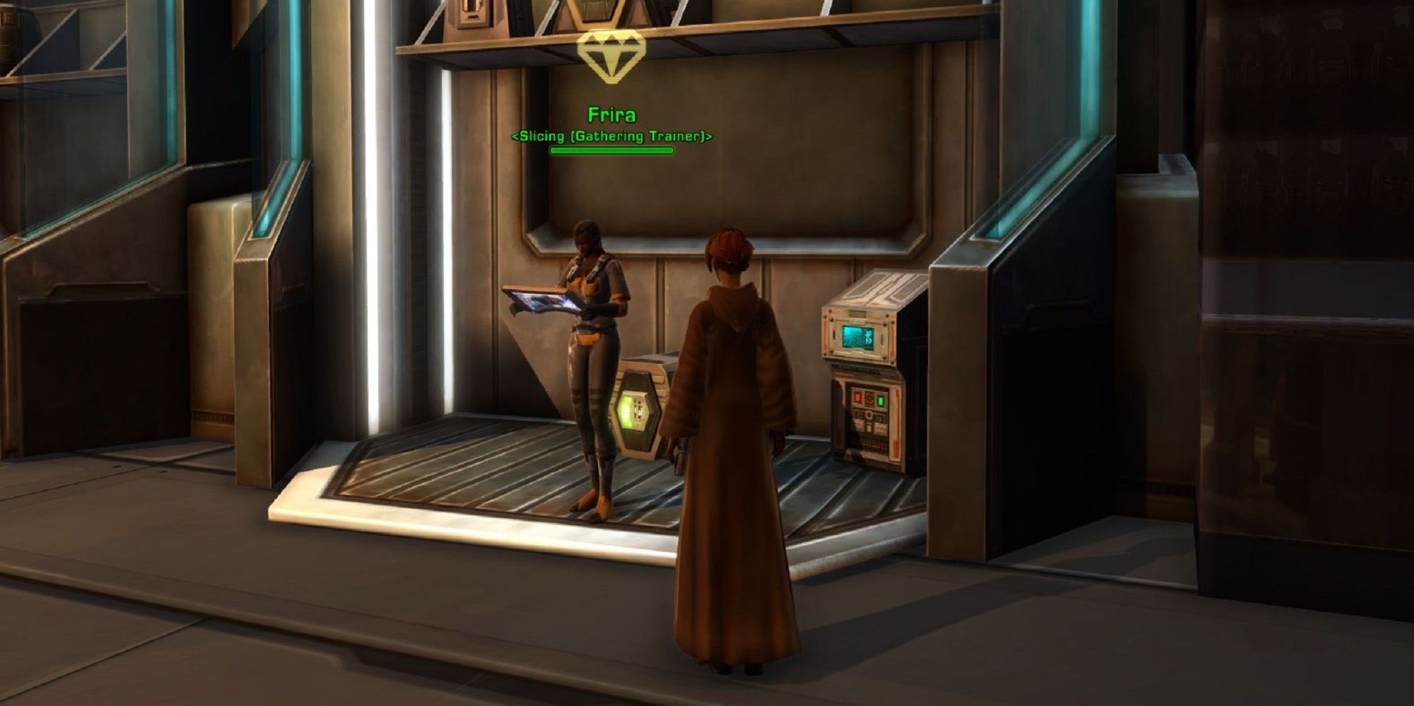 SWTOR character in front of a slicing trainer