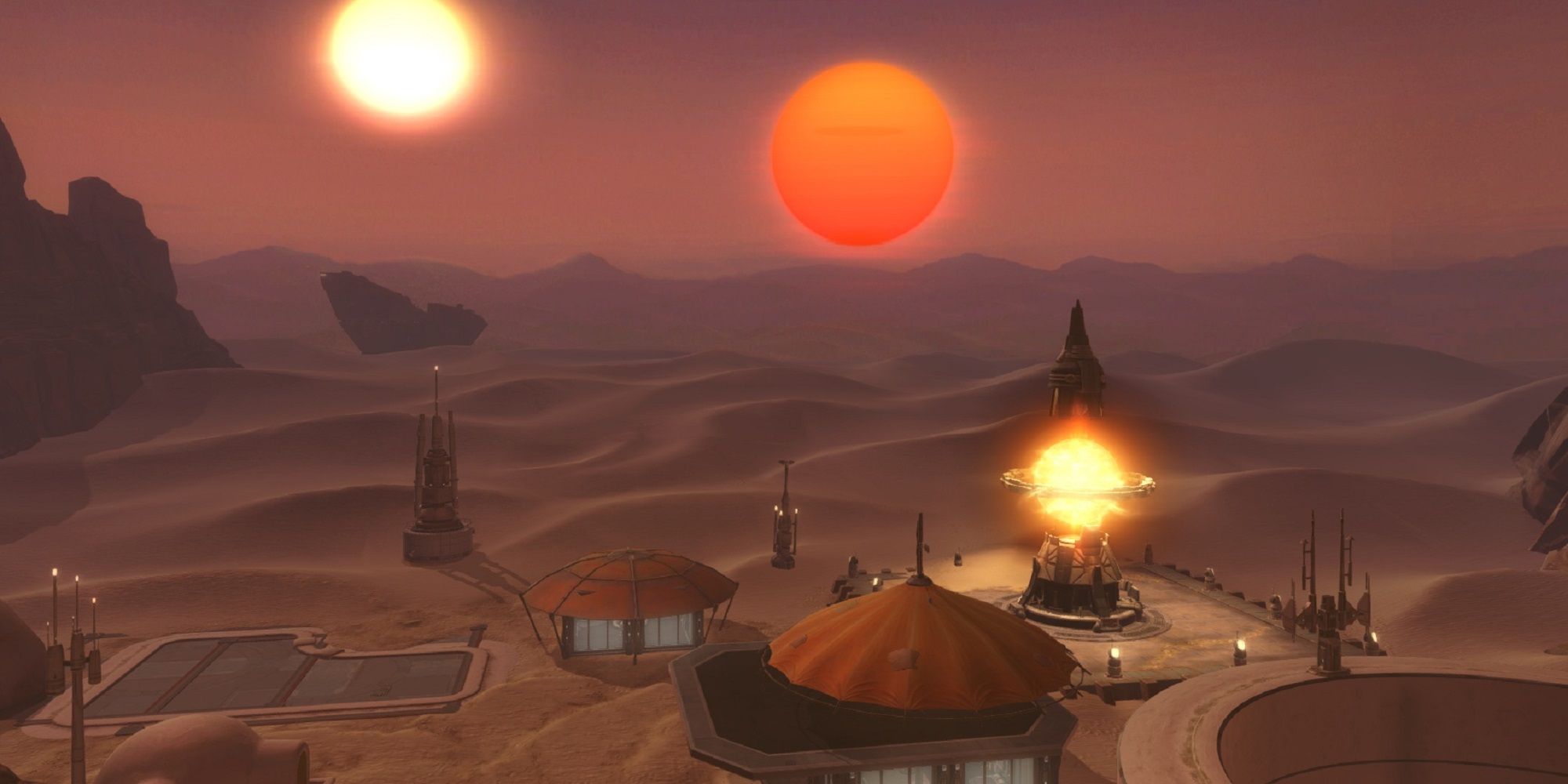 SWTOR's Tatooine Homestead, with sand dunes and two suns in the background