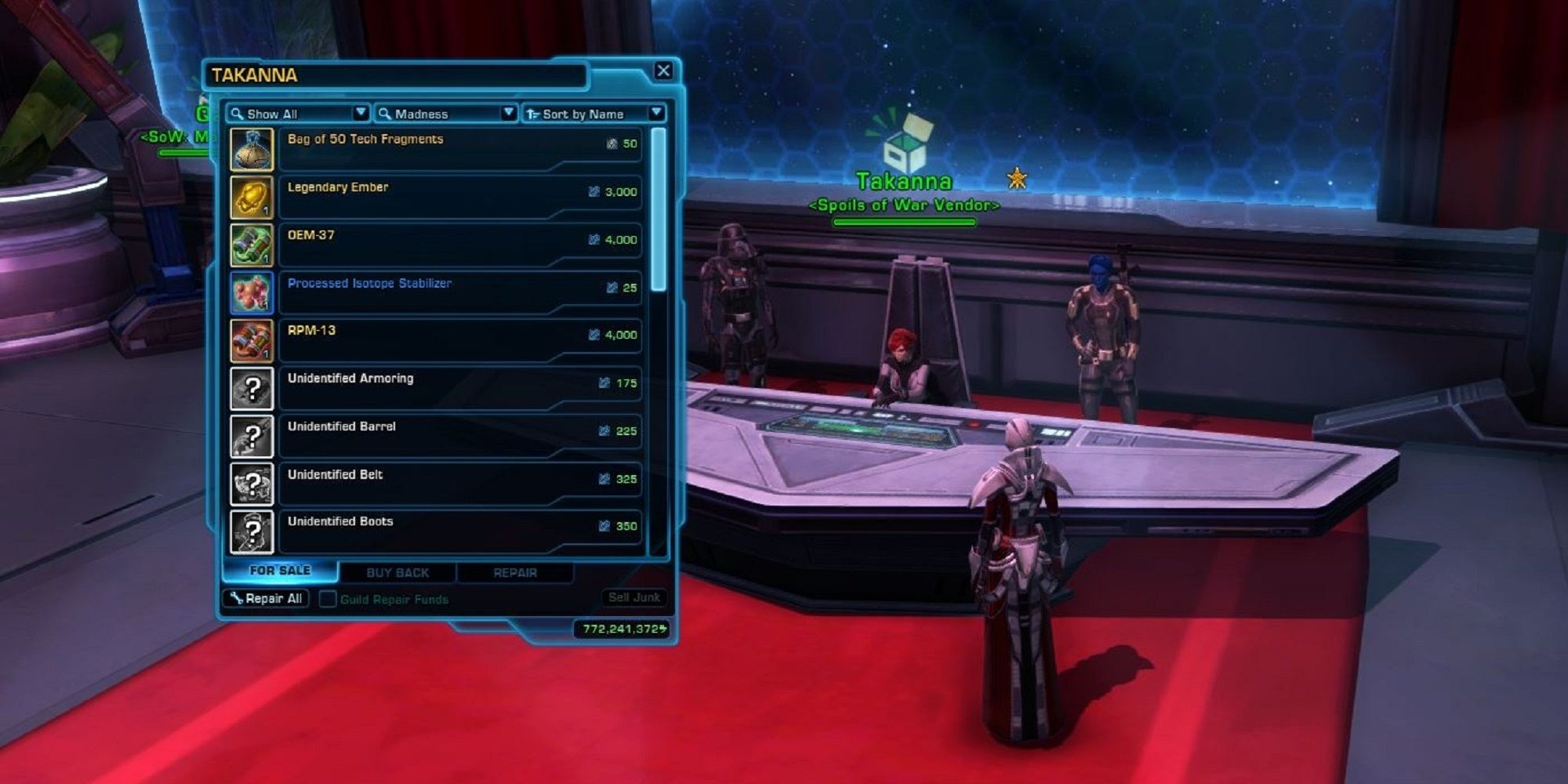 A SWTOR character with the tech fragments vendor