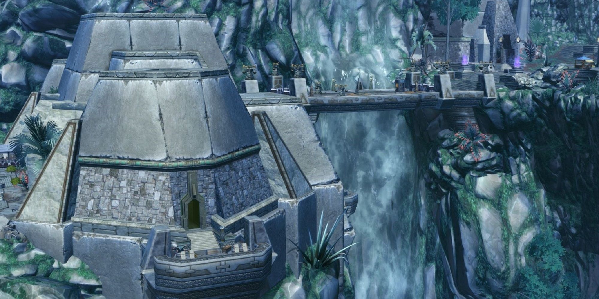 SWTOR's Yavin 4 Temple, with a bridge and waterfall in the background