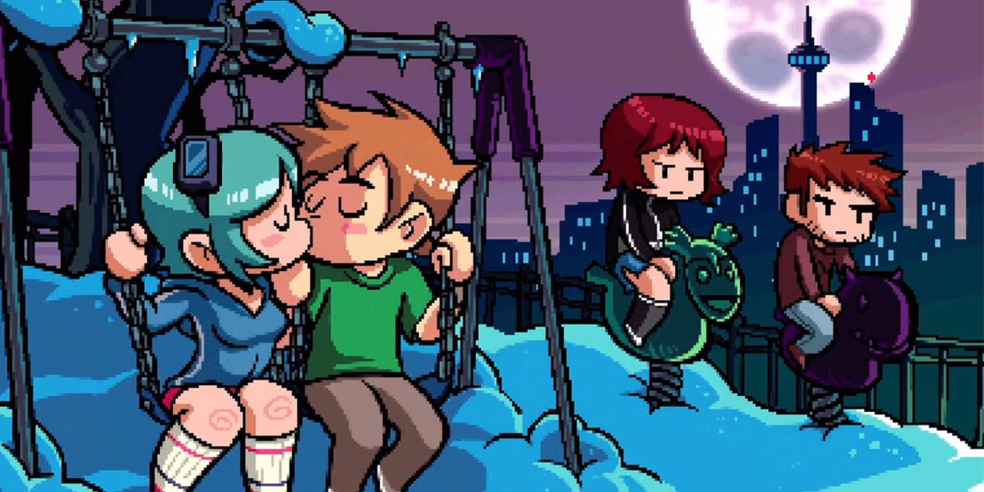 Scott Pilgrim and Ramona Flowers kiss on a swing set while Kim Pines and Stephen Stills look miserable on spring riders