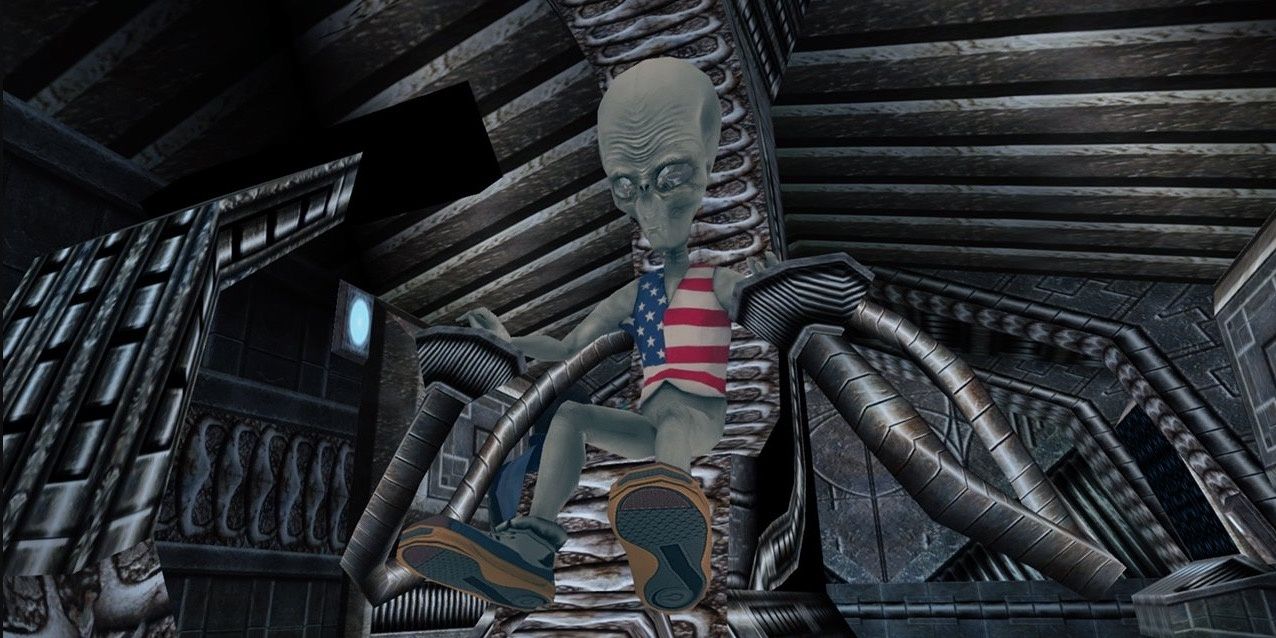 A classic gray alien named Elvis in an American flag tank top and sneakers