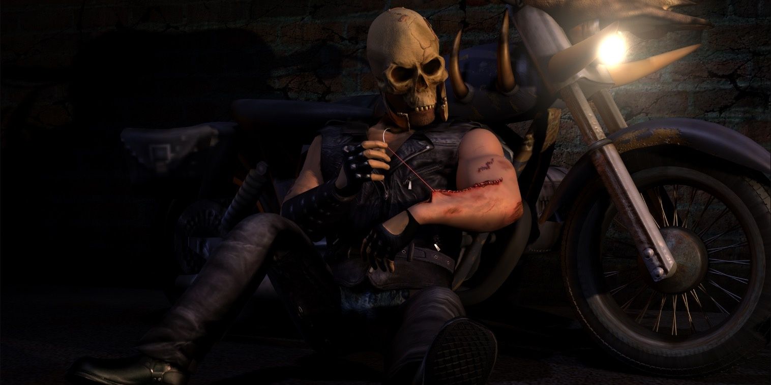 Mr. Grimm sewing a wound shut in front of his motorcycle