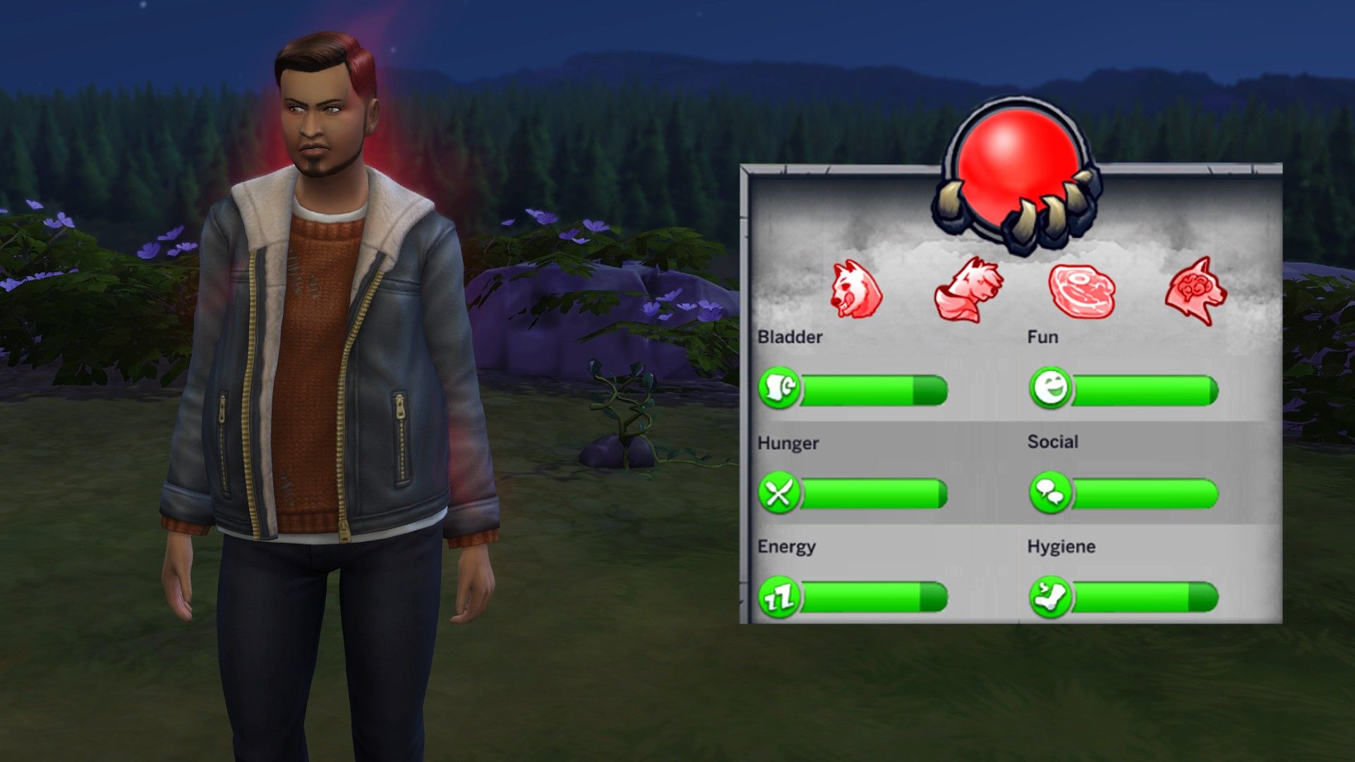 A werewolf sim looking grumpy as he is affected by his Temperaments in The Sims 4