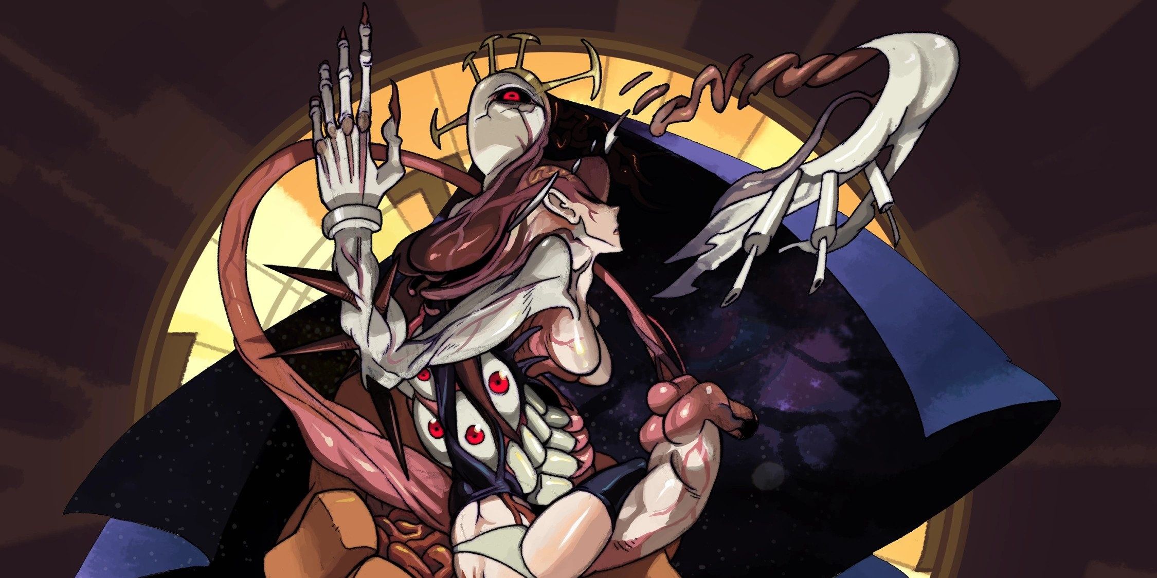 Double from Skullgirls as an form of eyes, bones and muscles all together against a dark background with a yellow circle at the center