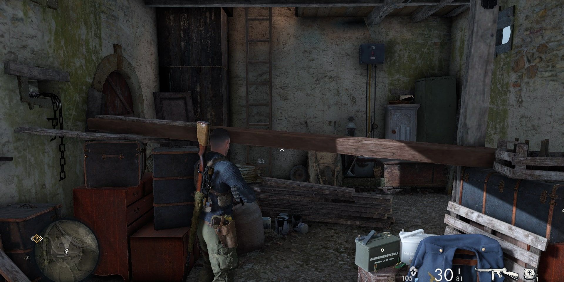 Sniper Elite 5 Atlantic Wall hidden area showing the ladder leading to the hidden attic