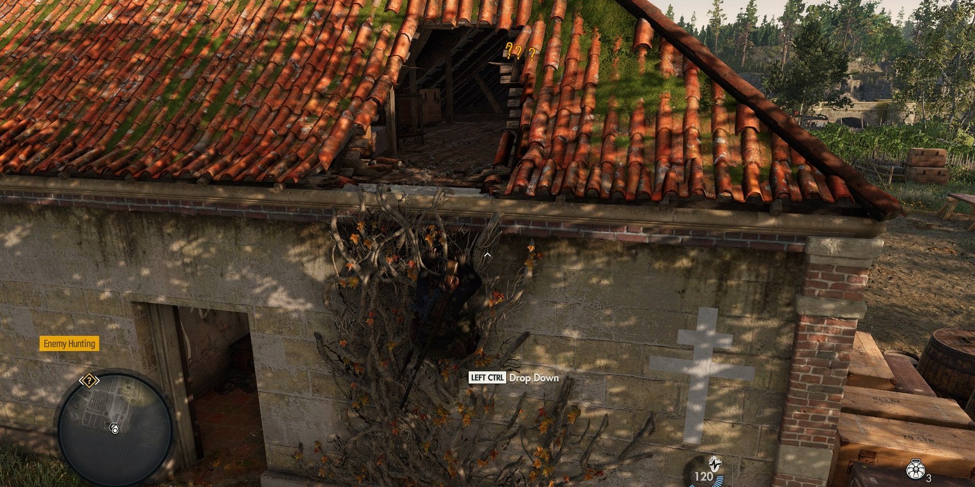 Sniper Elite 5 Mansion hidden area showing the climb using vines to the hidden attic