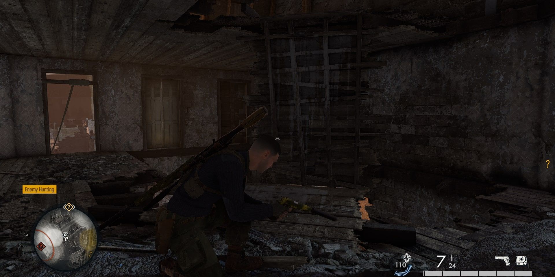 Sniper Elite 5 Rubble and Ruin hidden area showing the jump to a hanging piece of flooring