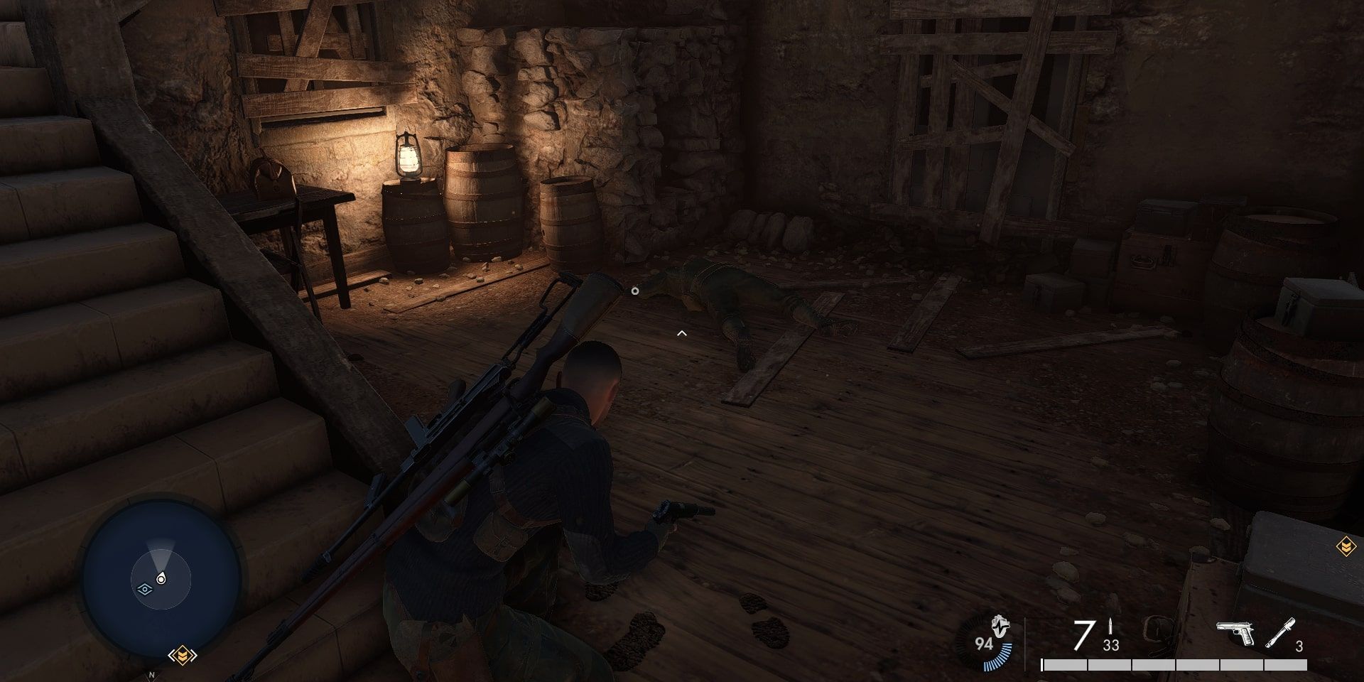 Sniper Elite 5 Secret Weapons Abandoned House showing a dead body on the lower floor