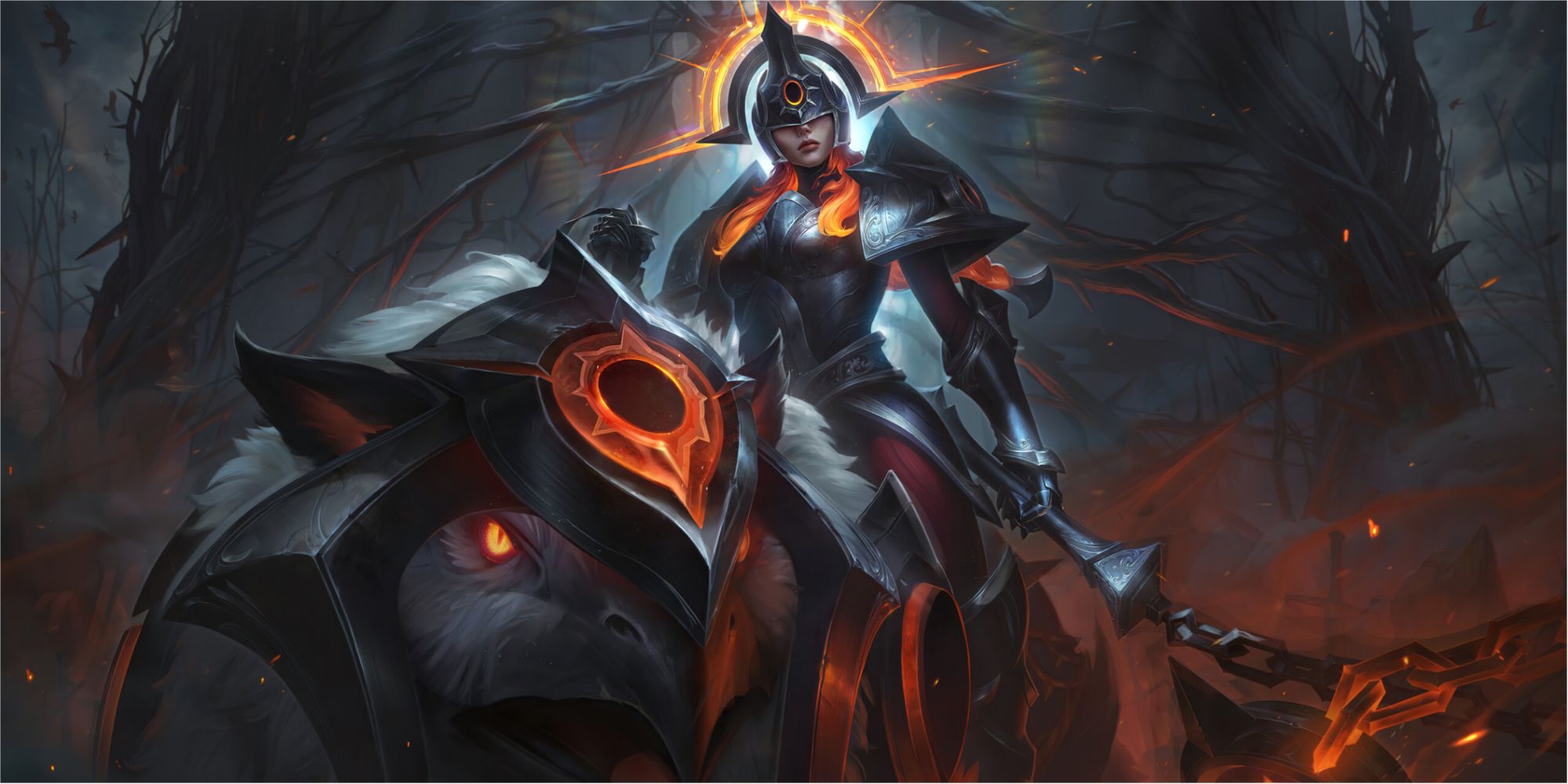 Solar Eclipse Sejuani sitting atop her boar Bristle as a sun crest adorns her head and Bristle looks like an owl bear