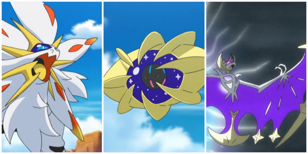 Split image screenshots of Solgaleo, Cosmoem and Lunala in the Pokemon anime.