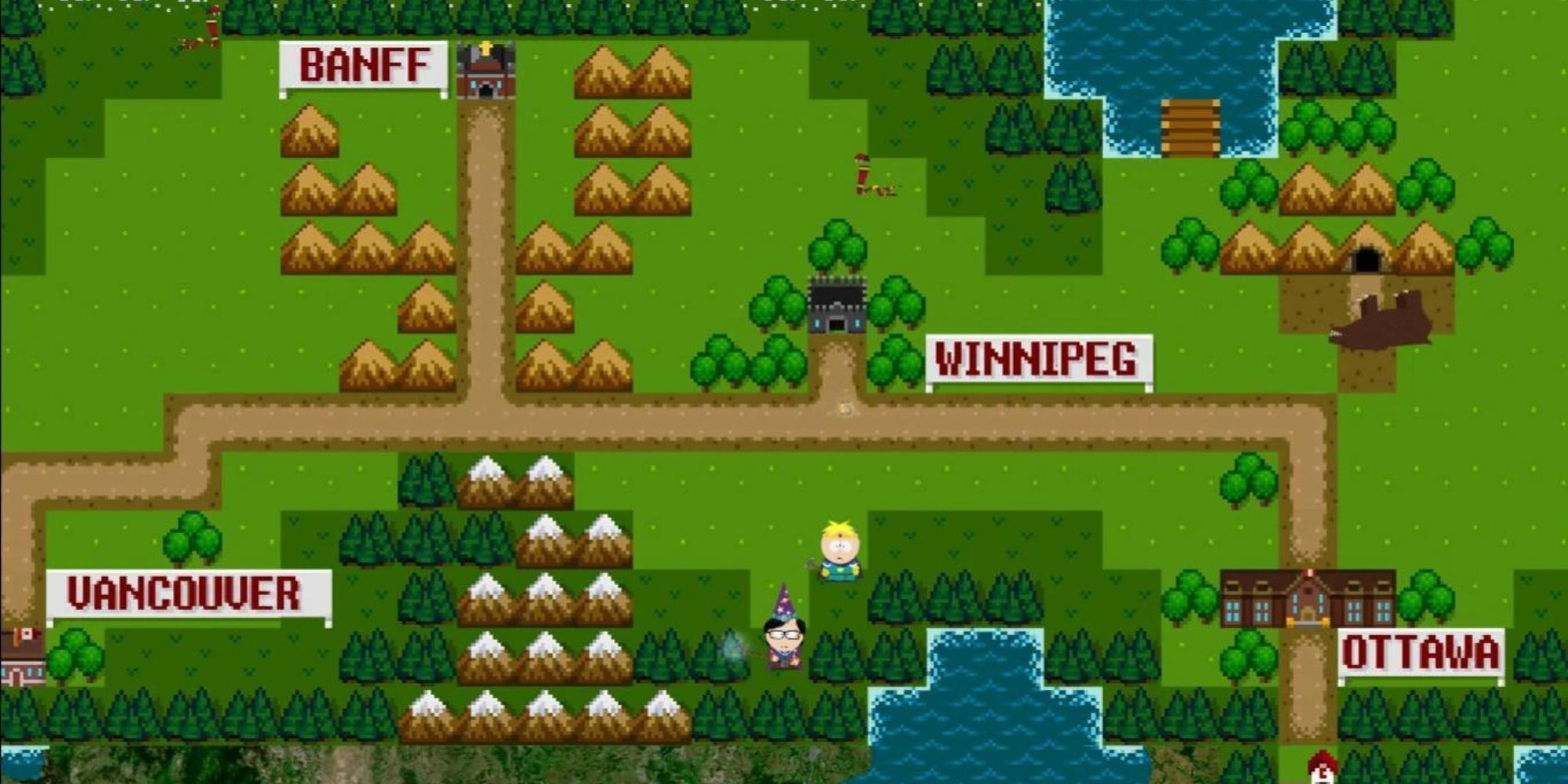 Butters and the hero stand on a 8-bit version of Canada