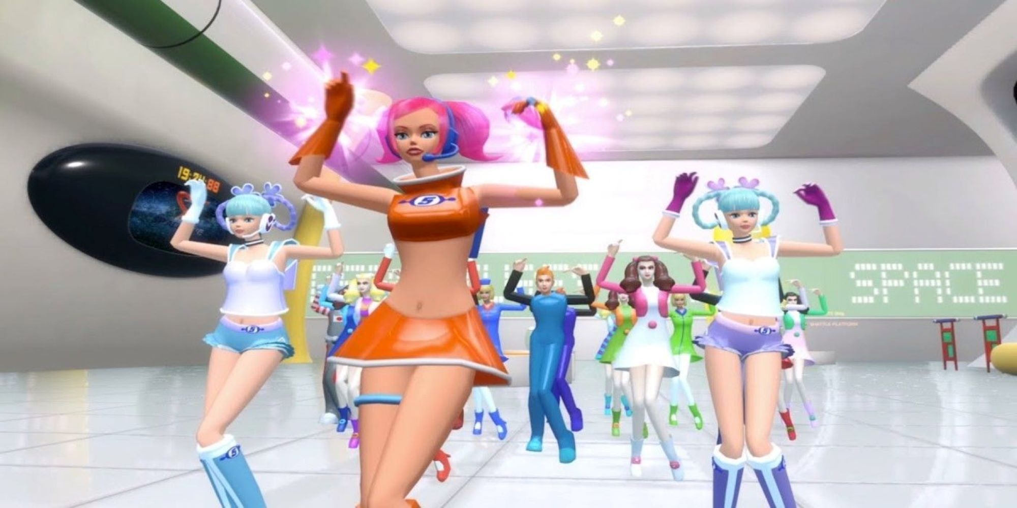 Ulala and two blue haired sidekicks lead citizens in a swinging report show parade in Space Channel 5 VR.