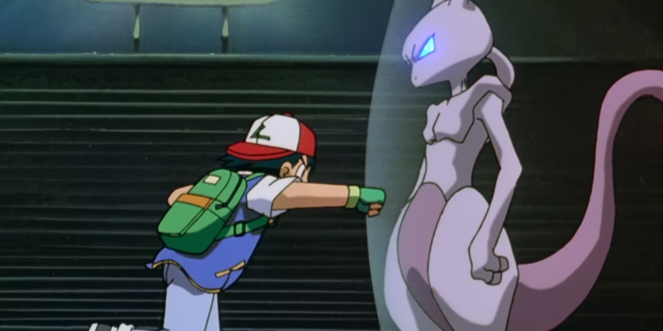 Pokemon: The First Movie Mewtwo blocks Ash's punch with Psychic.