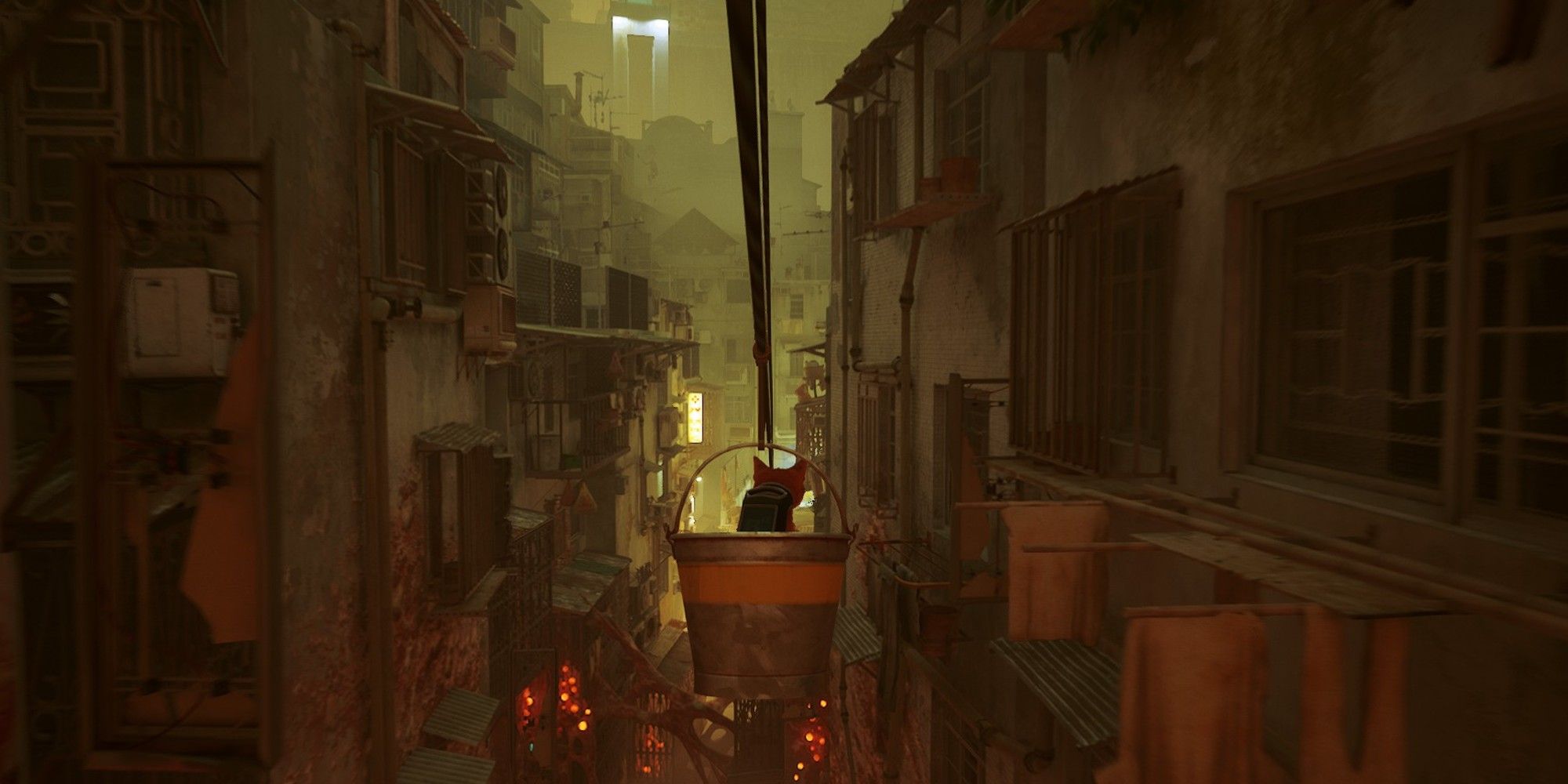 Stray - Cat In A Bucket Traversing A City Alleyway and Rooftops