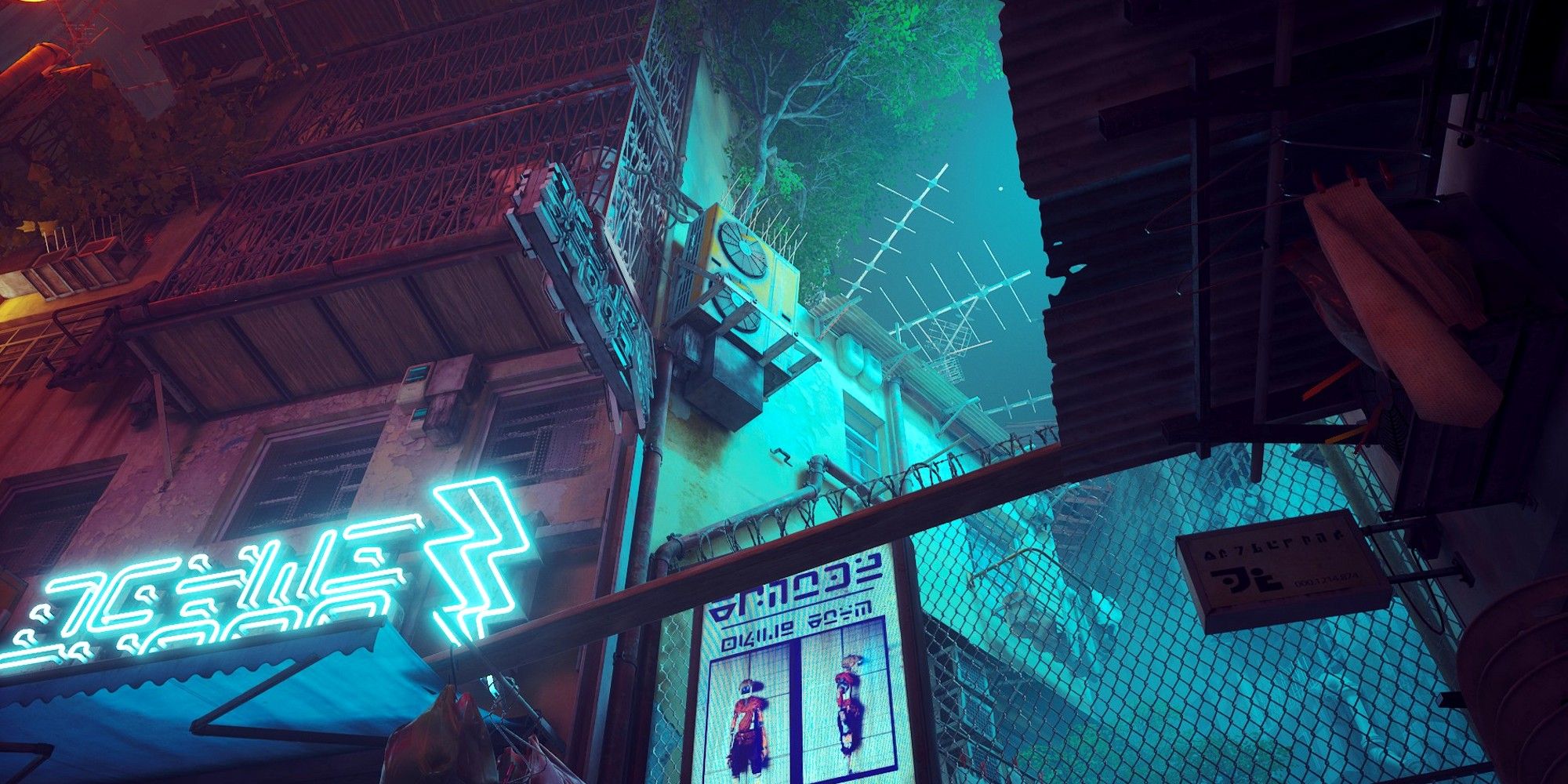 Stray Alleyway Scene With Neon Lights, Signs, And Fence