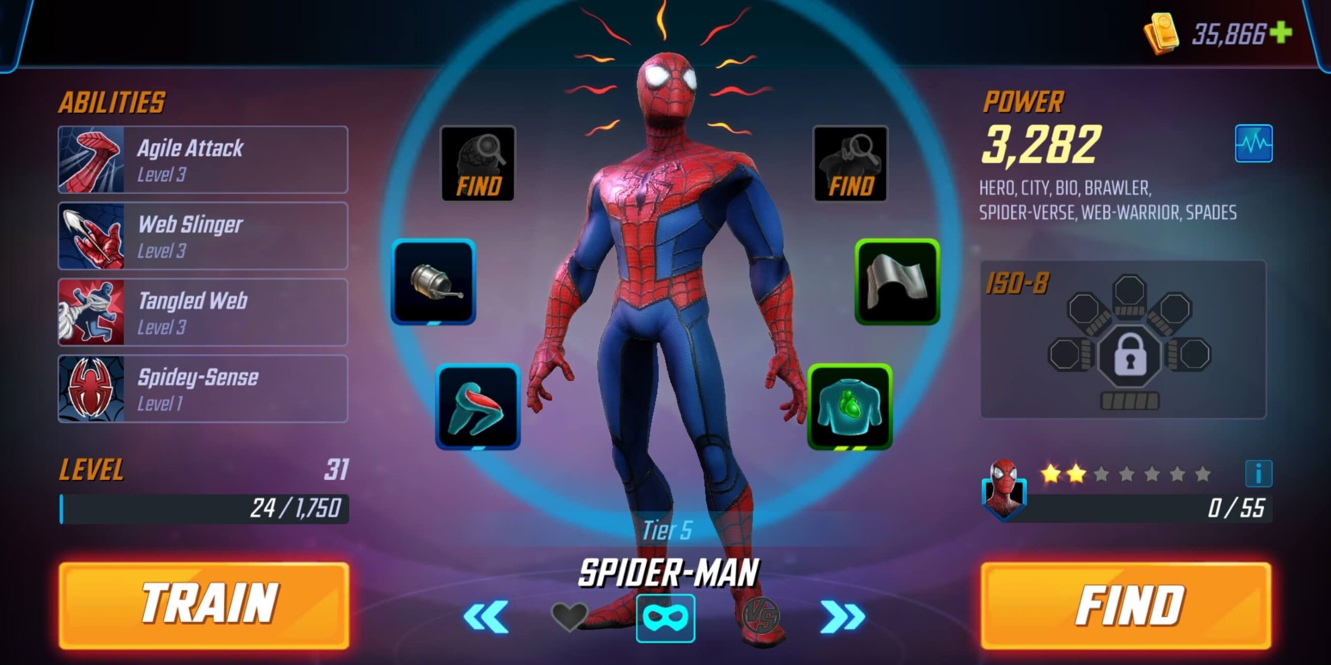 Strike Force Spider Man Stats page