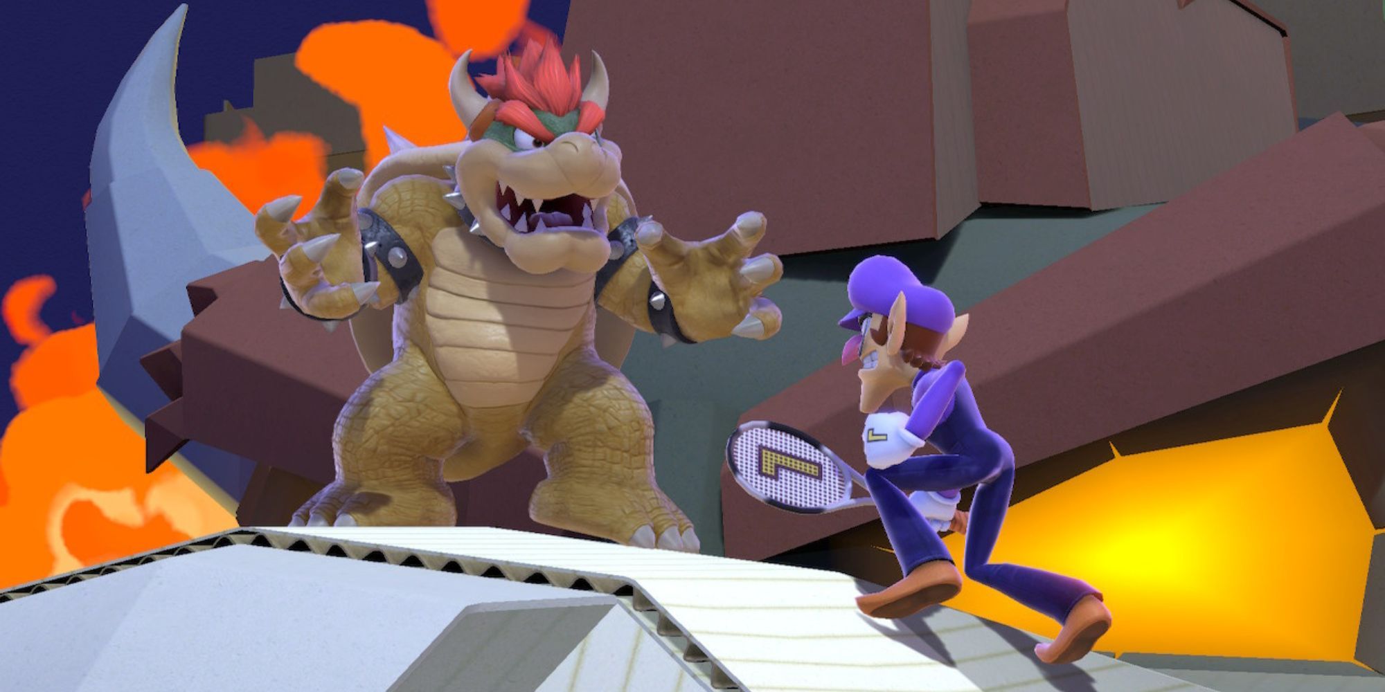 Bowser stands over a Waluigi assist trophy on Paper Mario stage