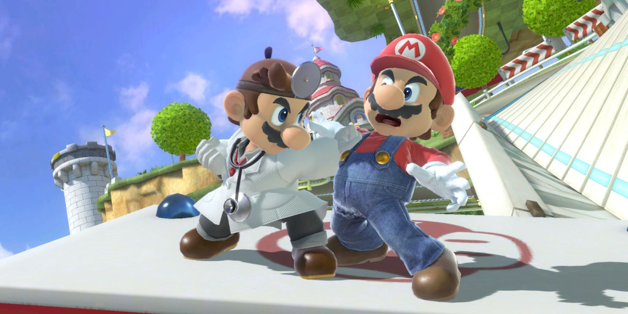 Dr. Mario grabs Mario on Mario Kart 8 stage