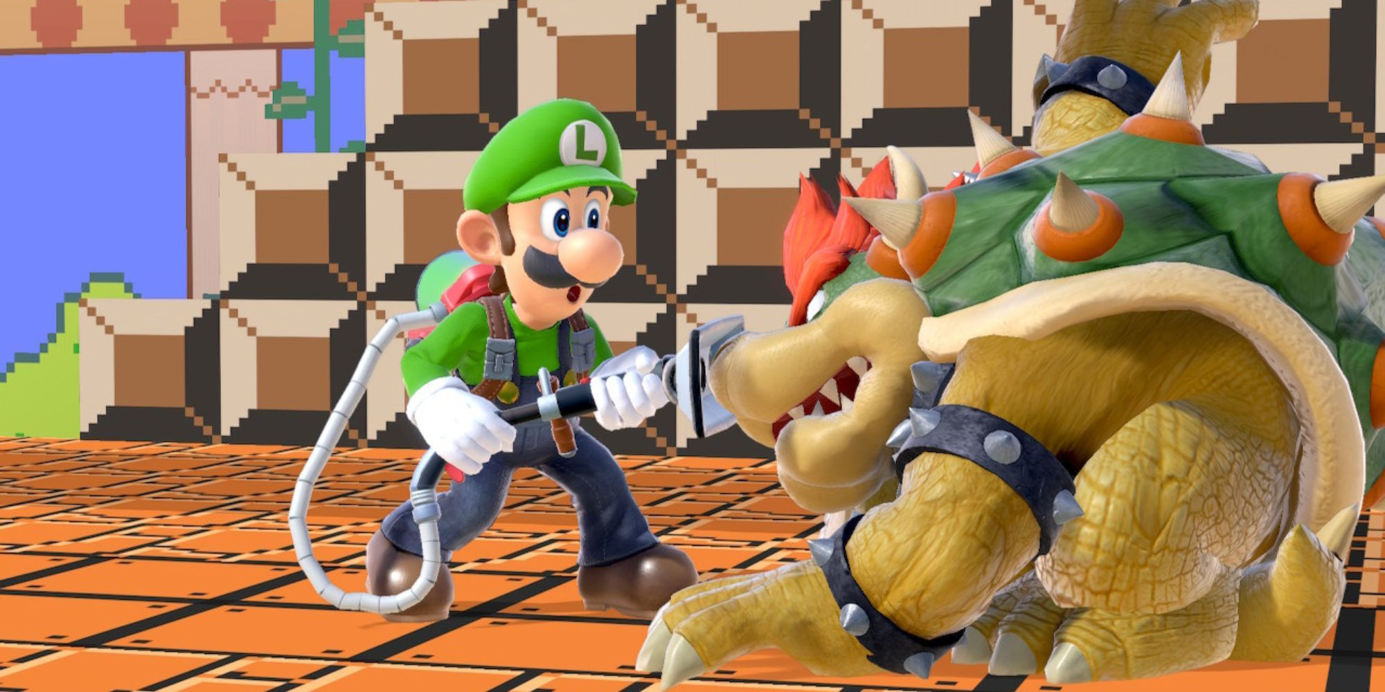Luigi holds Bowser by the nose with his vacuum on the Mushroom Kingdom stage