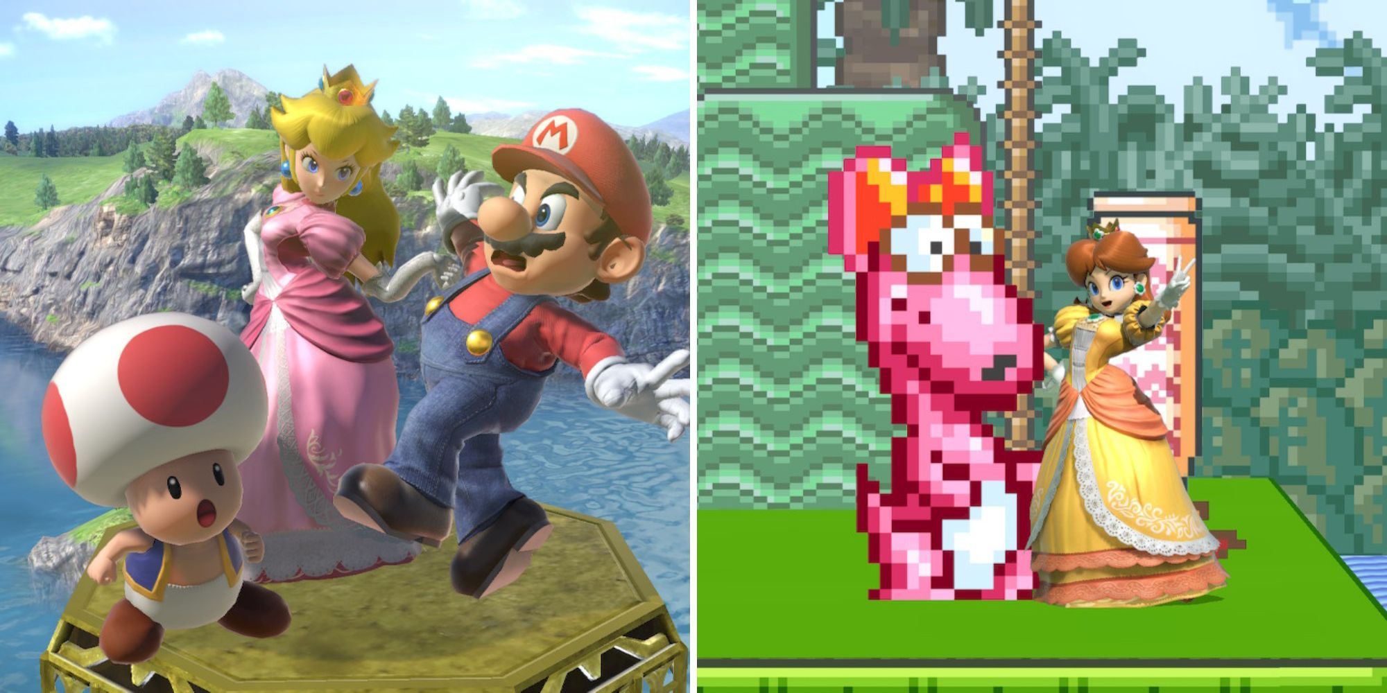 Peach and Toad confront Mario and Daisy poses with Birdo