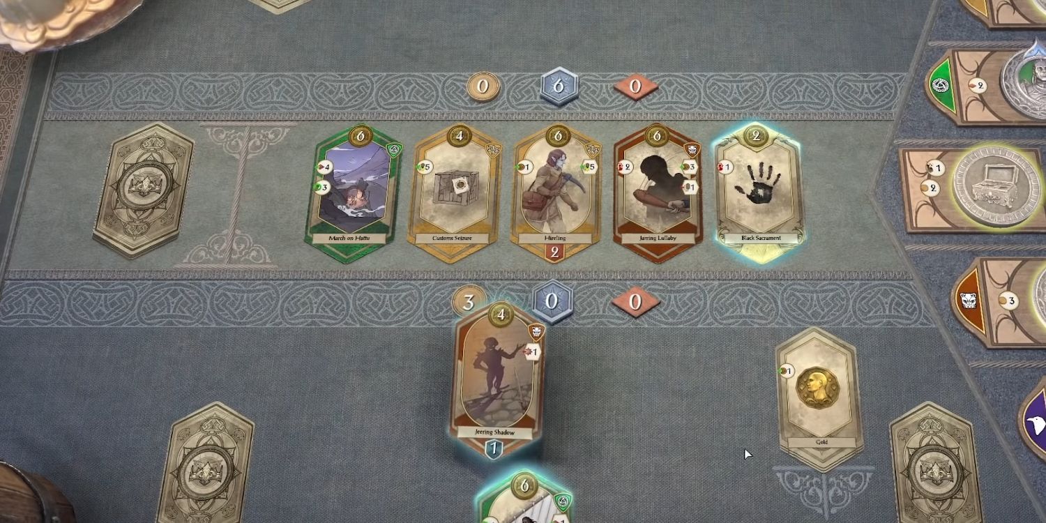 A screenshot of the Tales of Tribute card game, showing the board and the cards in action