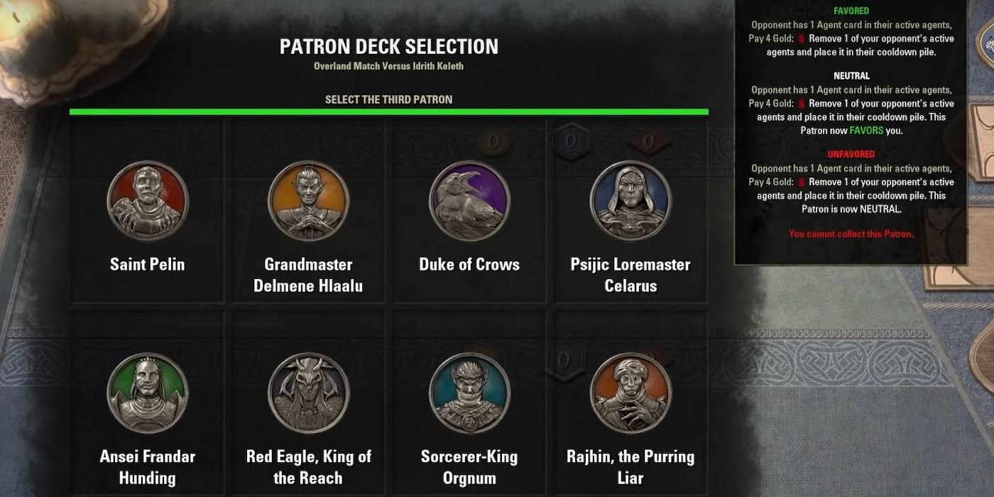 A screenshot showing the eight of available Patrons for ESO's Tales of Tribute