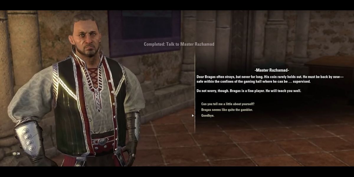 A screenshot of the NPC and dialogue that unlocks the beginning stages of Tales of Tribute