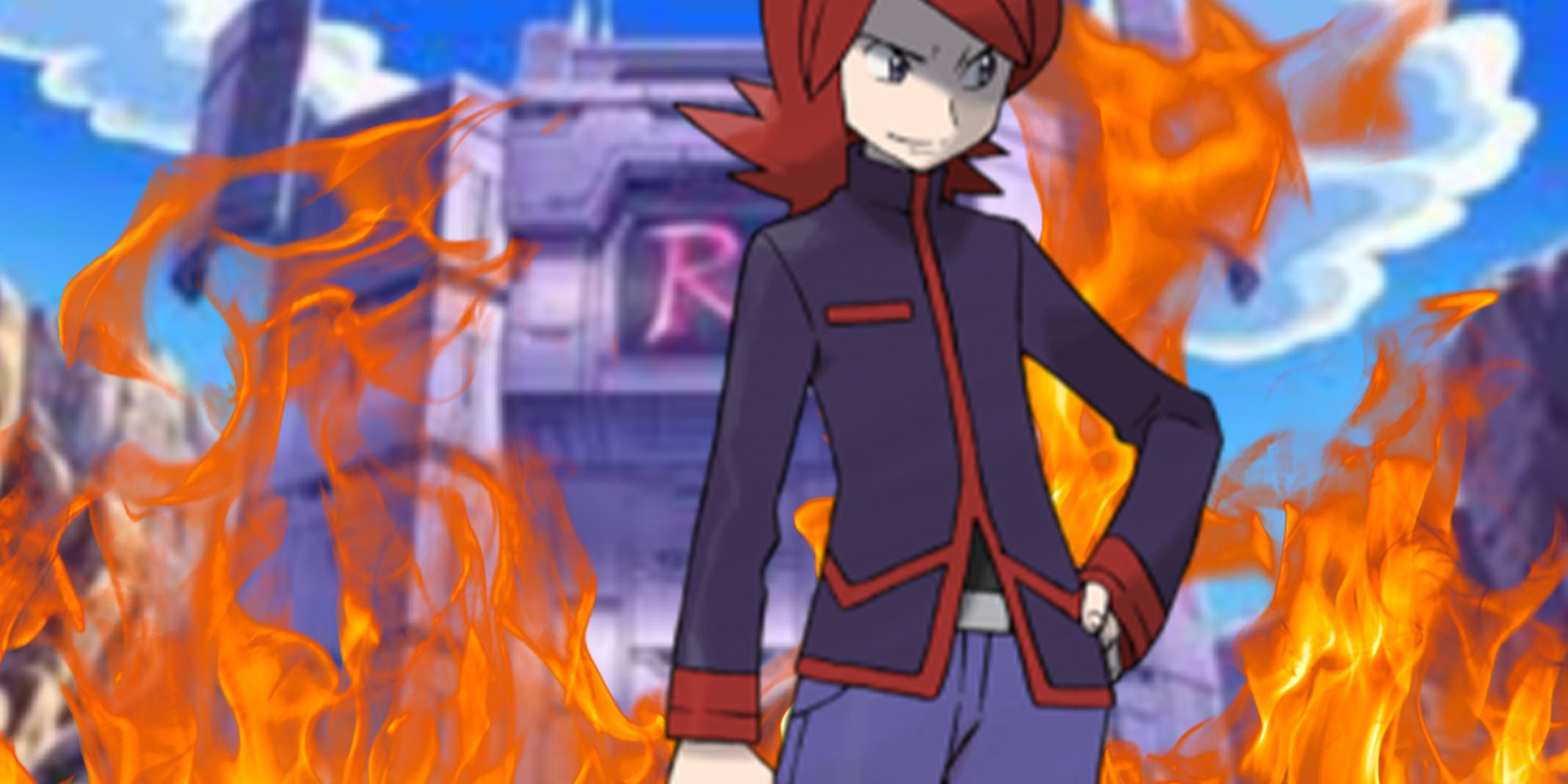Team Rocket HQ On Fire with silver standing smugly in front of it