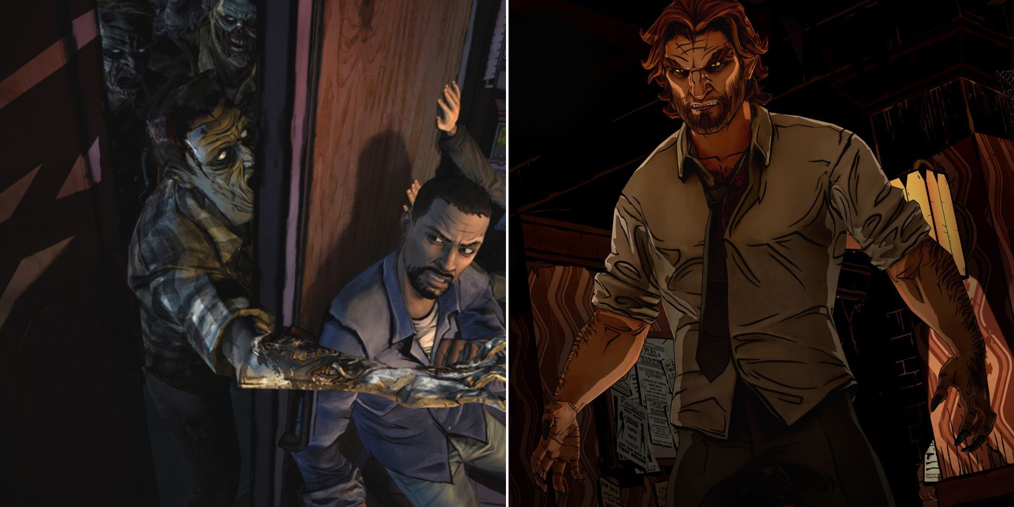 Lee Holding A Door To Stop Zombies In Telltale's The Walking Dead - Bigby Getting Angry In Telltale's The Wolf Among Us