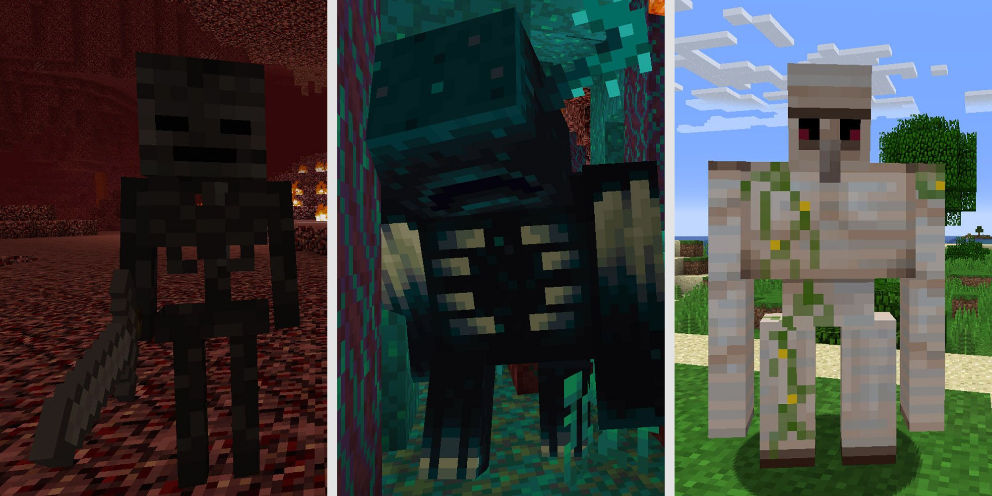 Split image of Wither Skeleton, Warden, and Iron Golem from Minecraft