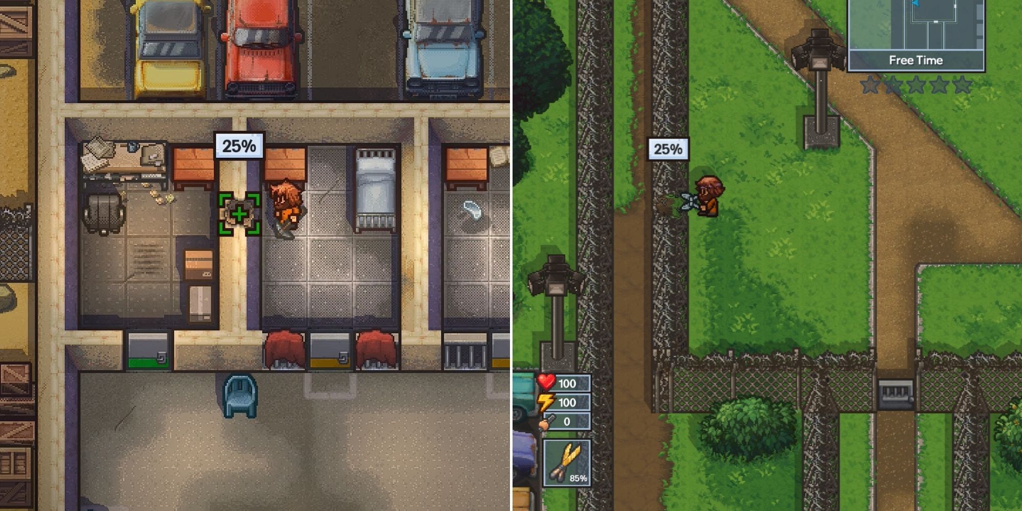 The Escapists 2 - Prisoner using the pickaxe on a wall - Prisoner using the cutters on a fence