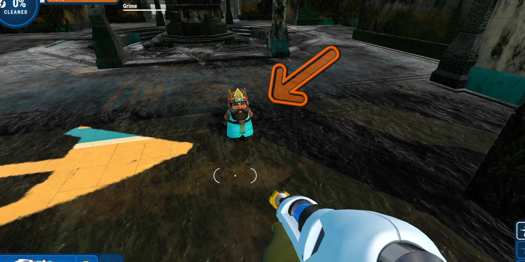 A garden gnome with a crown standing in a dirty palace, highlighted by an arrow.