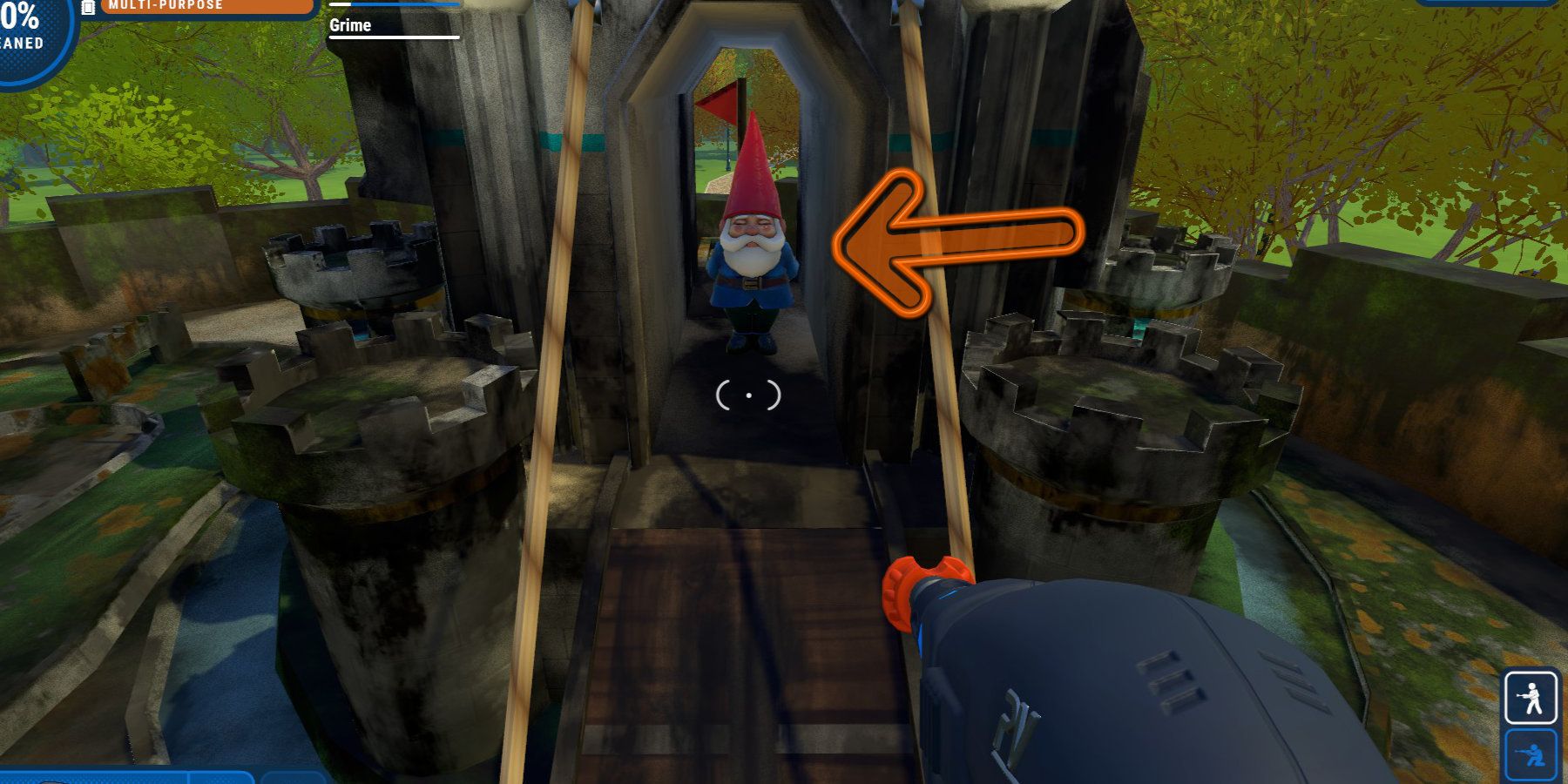 A garden gnome standing inside of a dirty mini golf castle prop, highlighted by an arrow.
