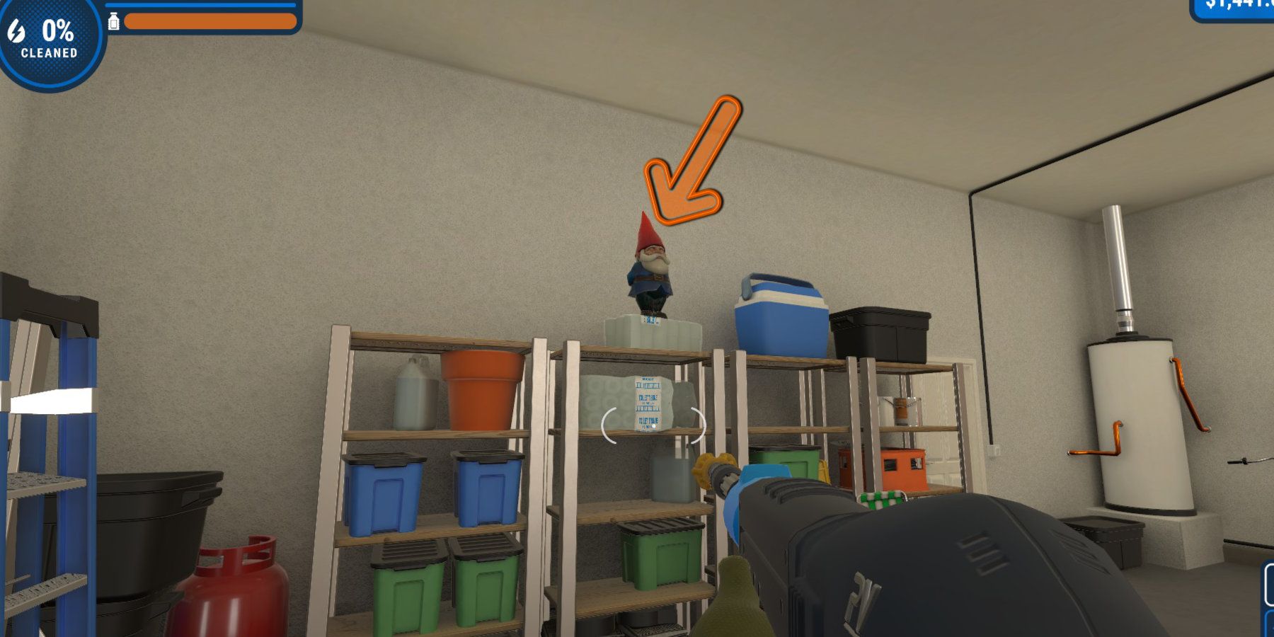 A garden gnome on top of some garage shelves, highlighted by an arrow.