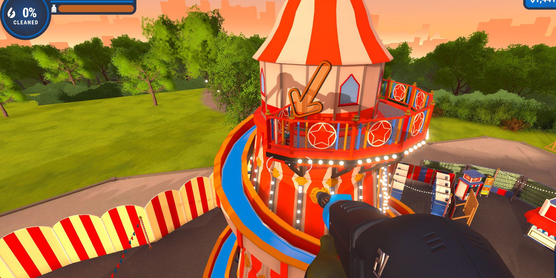 A garden gnome at the top of a carnival slide, highlighted by an arrow.