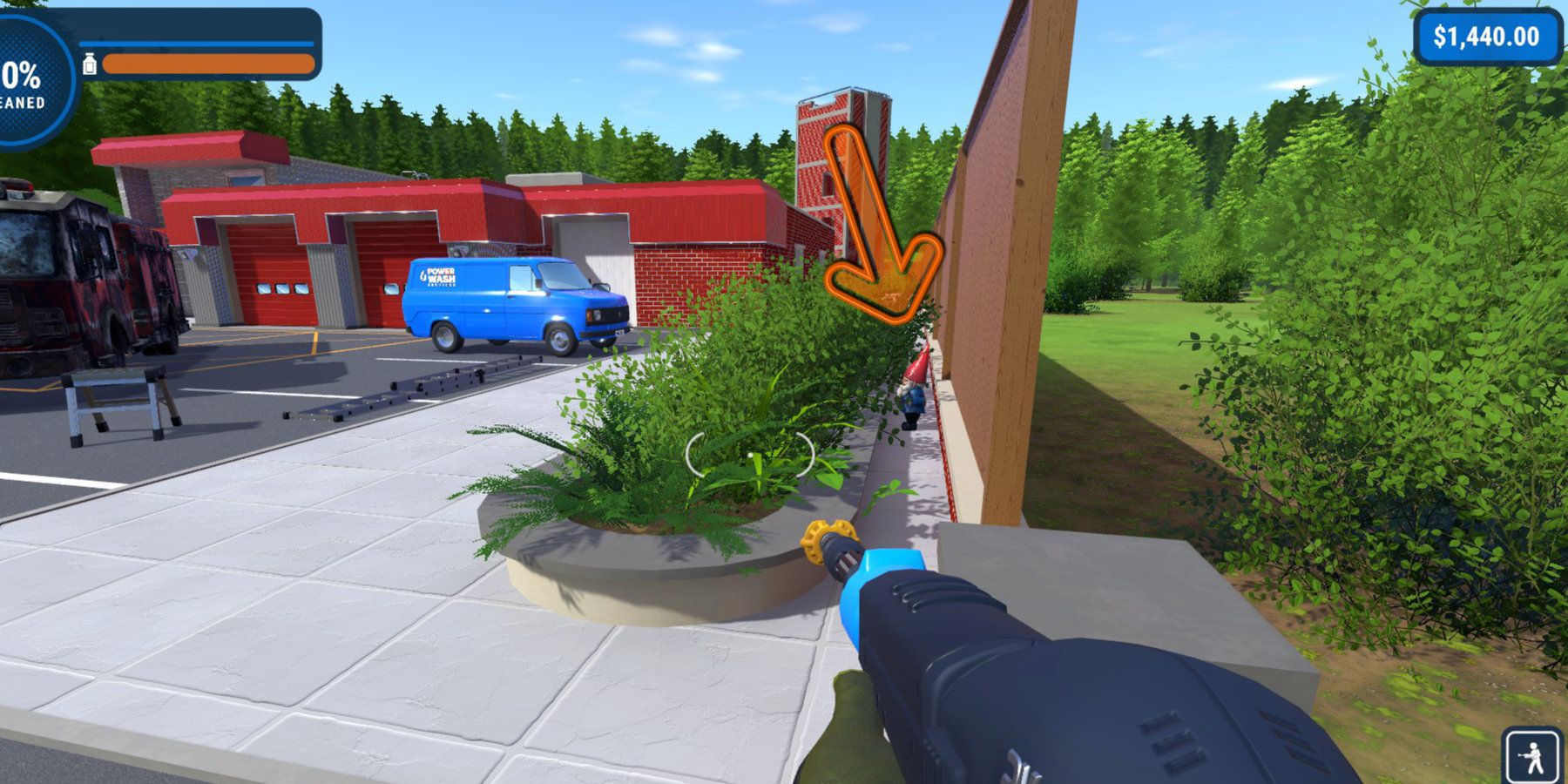 A garden gnome hiding behind the bushes of a fire station, highlighted by an arrow.