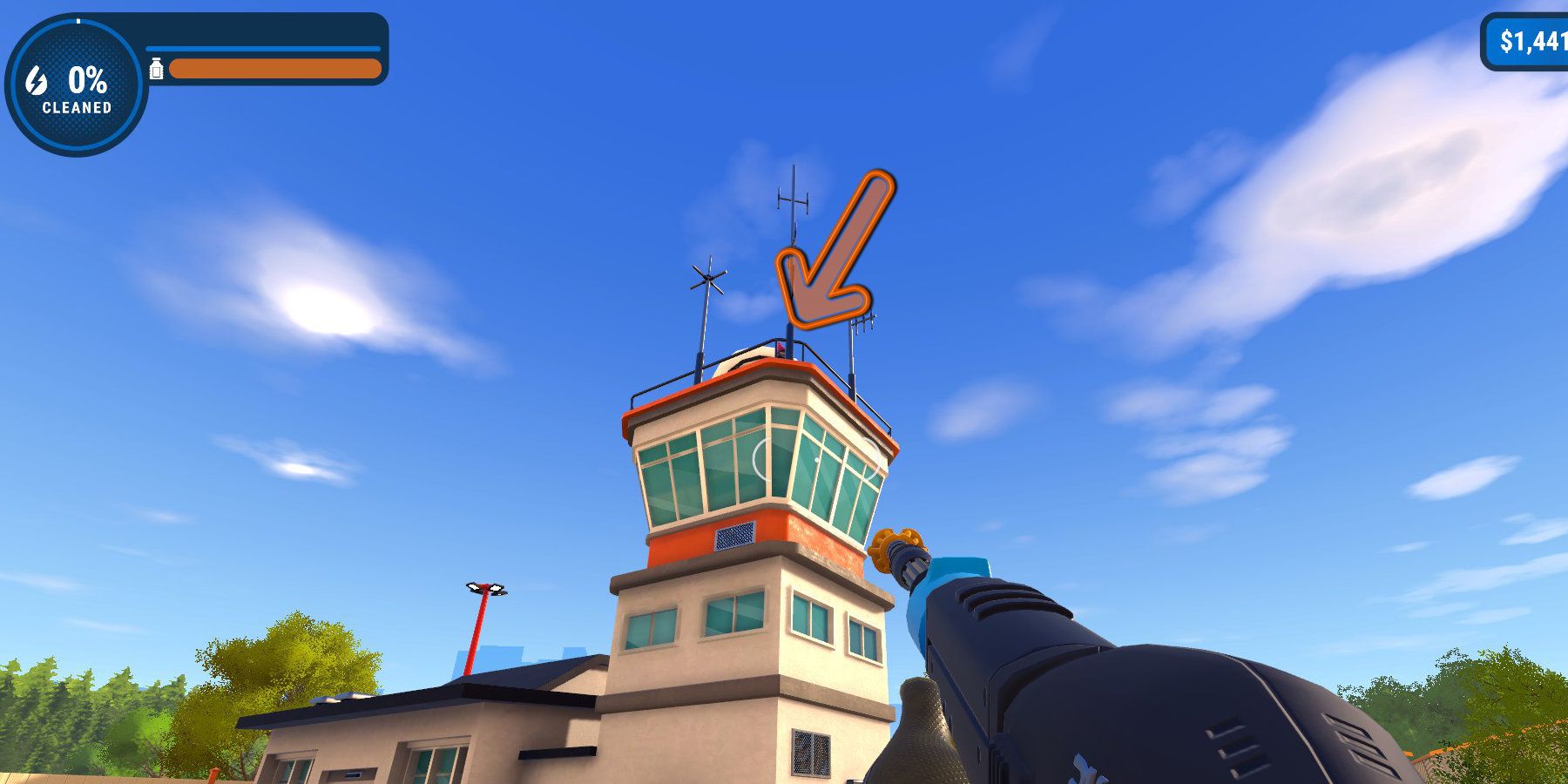 A garden gnome on top of an air traffic control tower, highlighted by an arrow.