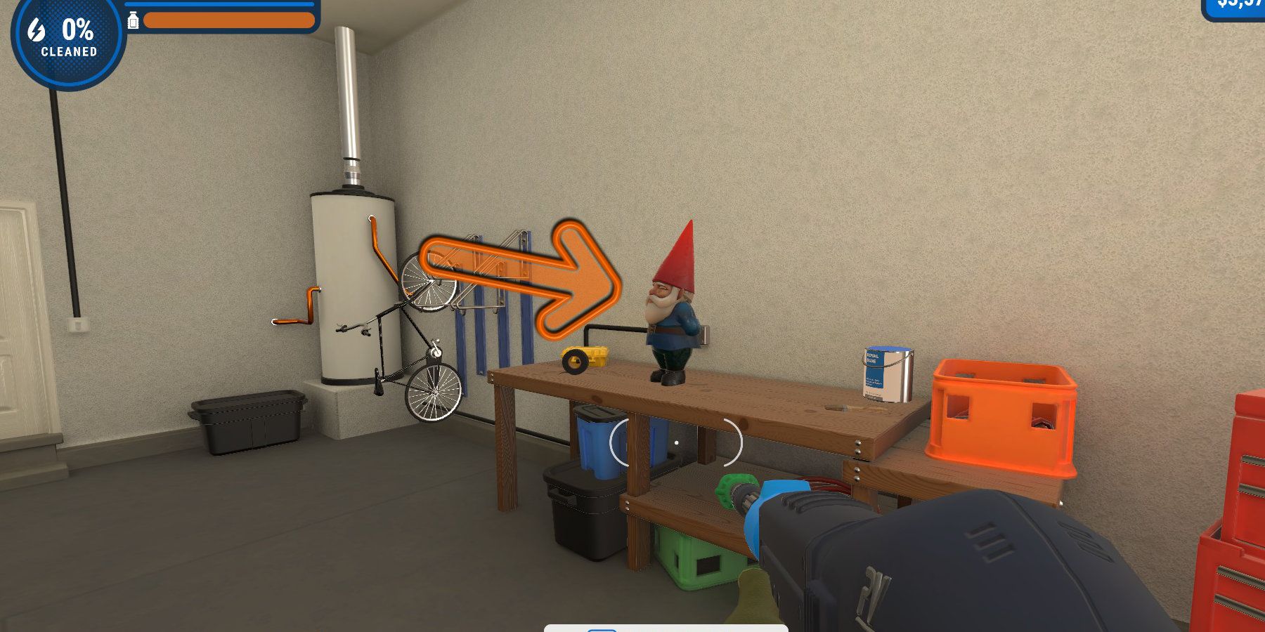 A garden gnome on top of a workbench, highlighted by an arrow.